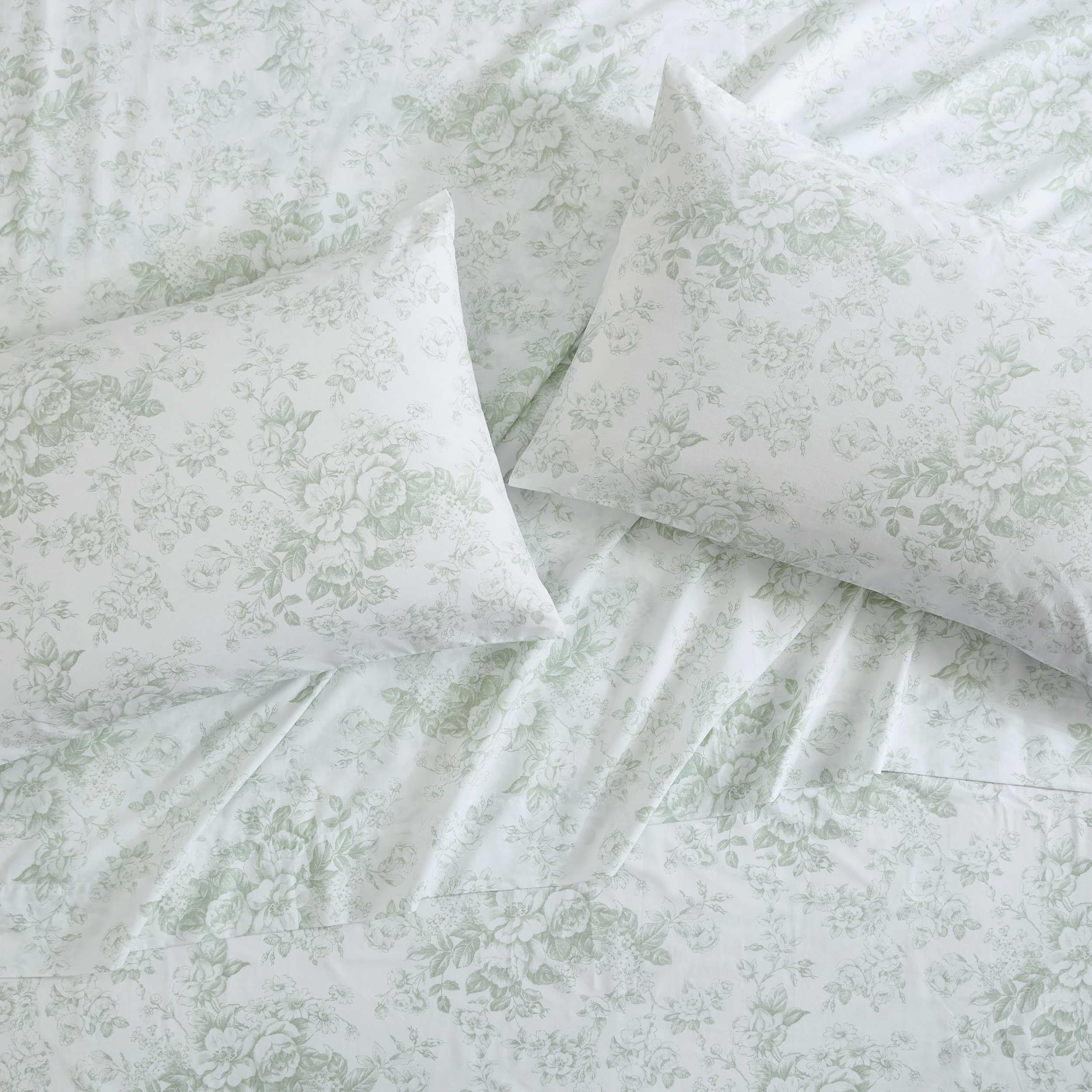 Laura Ashley - King Sheets, Cotton Percale Bedding Set, Lightweight & Breathable Home Decor (Toile Delight Green, King)