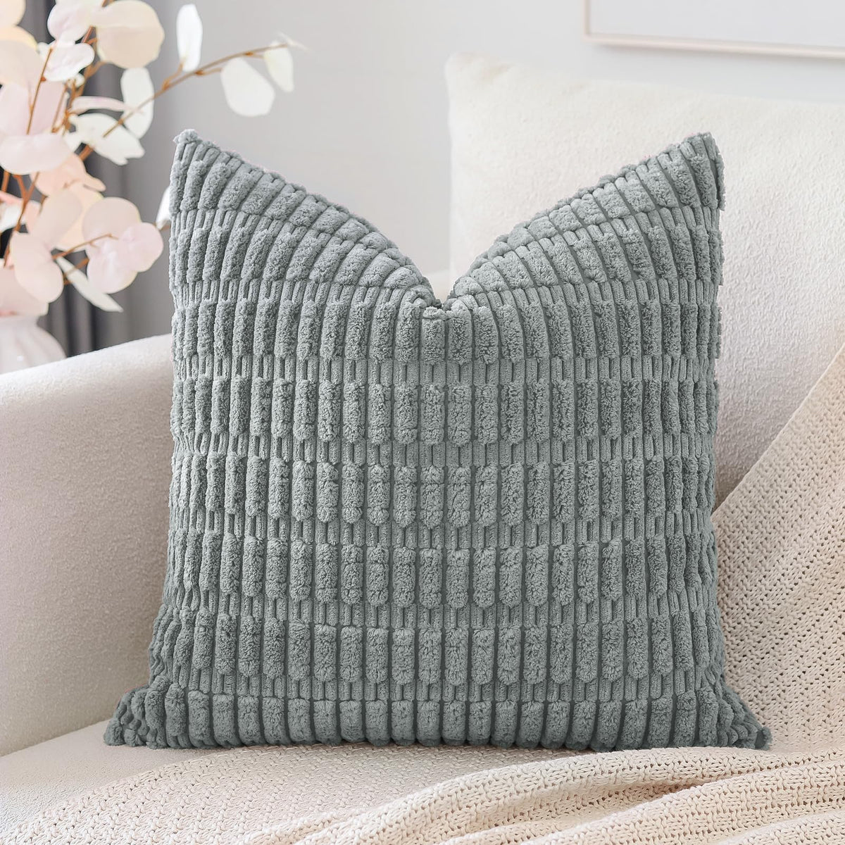 Otostar Grey Corduroy Decorative Throw Pillow Covers 18X18 Inch Super Soft Boho Striped Square Pillow Covers Case Modern Cushion Covers For Sofa Couch Bedroom Car Decor