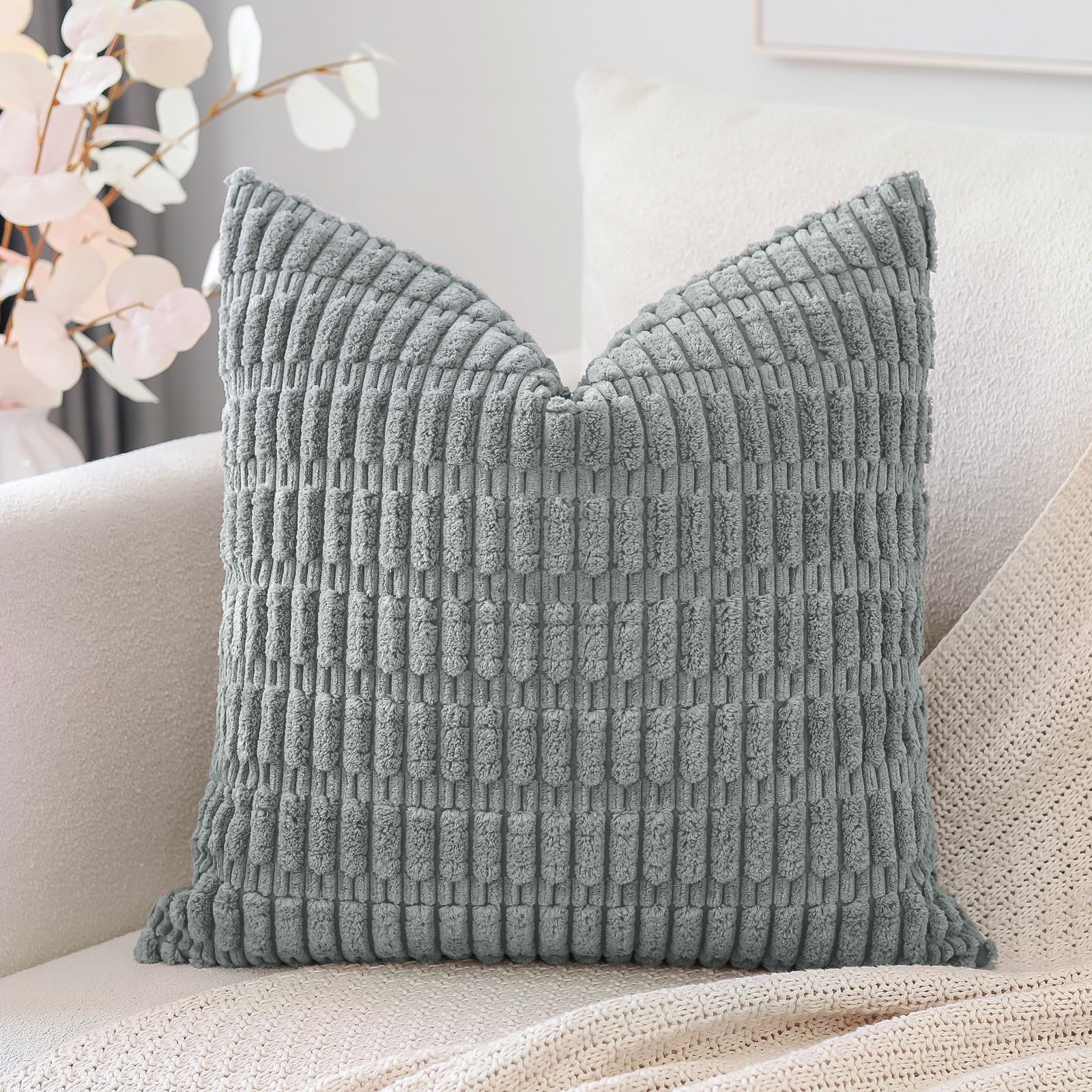 Otostar Grey Corduroy Decorative Throw Pillow Covers 18X18 Inch Super Soft Boho Striped Square Pillow Covers Case Modern Cushion Covers For Sofa Couch Bedroom Car Decor