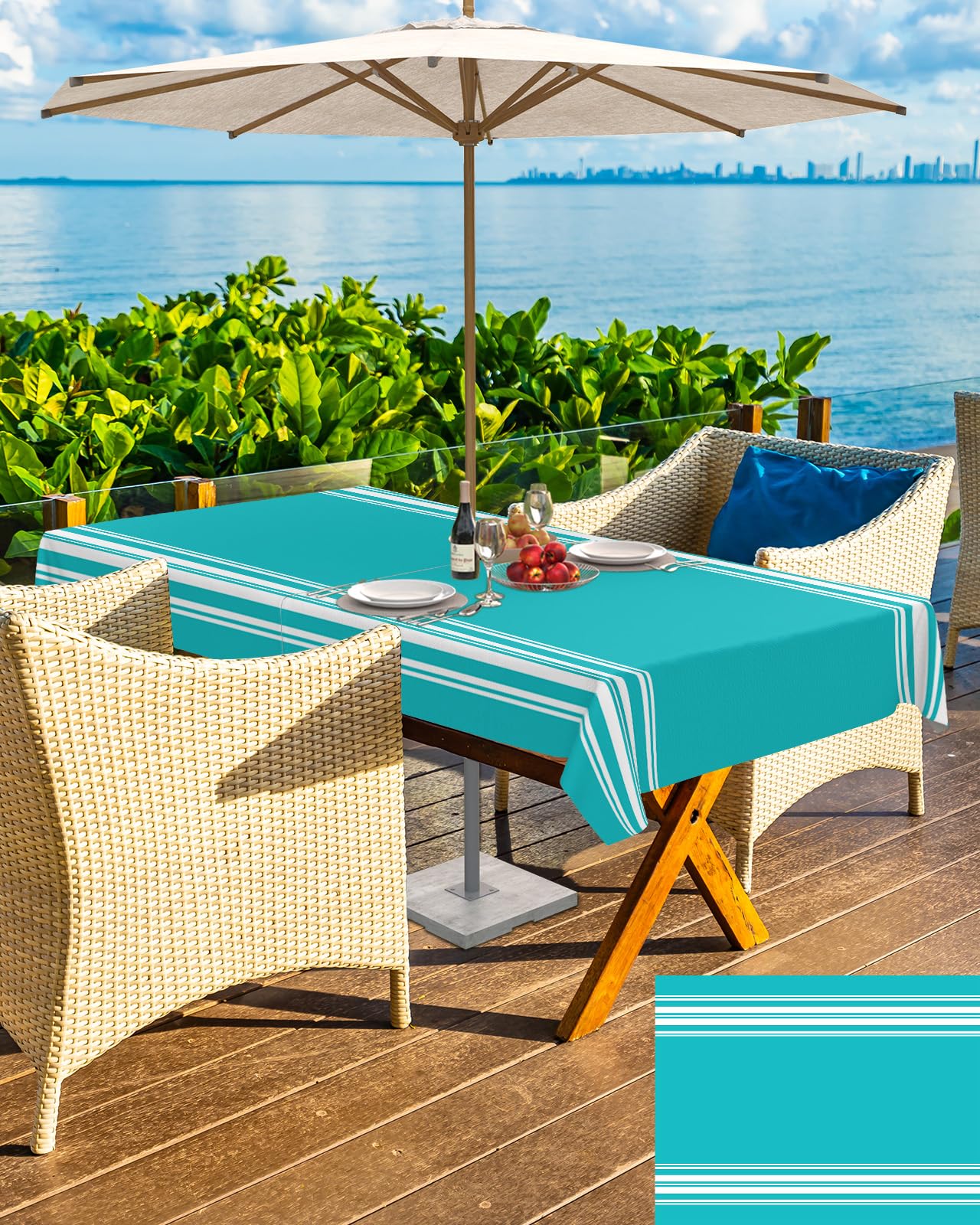 Queenker Outdoor Tablecloth With Umbrella Hole, Farmhouse Aqua White Stripe Rectangle Tables Waterproof Tabletop Collection For