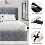Sha Cerlin Full Size Lift Up Storage Bed/Button Tufted Wingback Headboard/Hydraulic Storage/Upholstered Platform Bed Frame/No Box Spring Needed/Wood Slats Support/Grey Blue