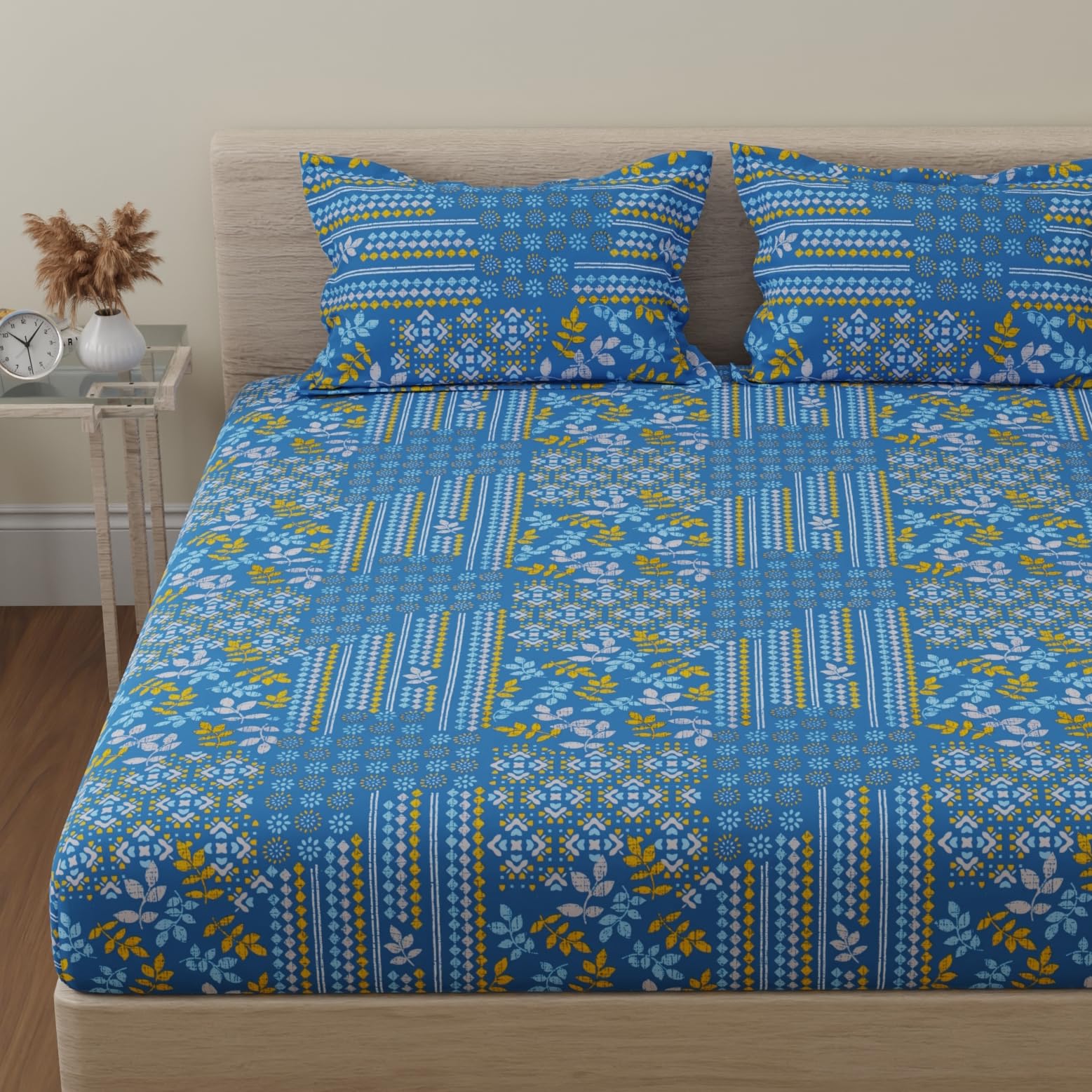 Huesland By Ahmedabad Cotton 144 Tc Cotton Bedsheet For Double Bed King Size With 2 Pillow Covers | Blue, Yellow & White
