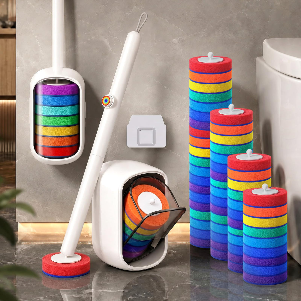 Disposable Toilet Brush, Wall Mounted Toilet Bowl Brush with 35 Colorful Refills, Toilet Bowl Brush with Storage Box for Deep Ba