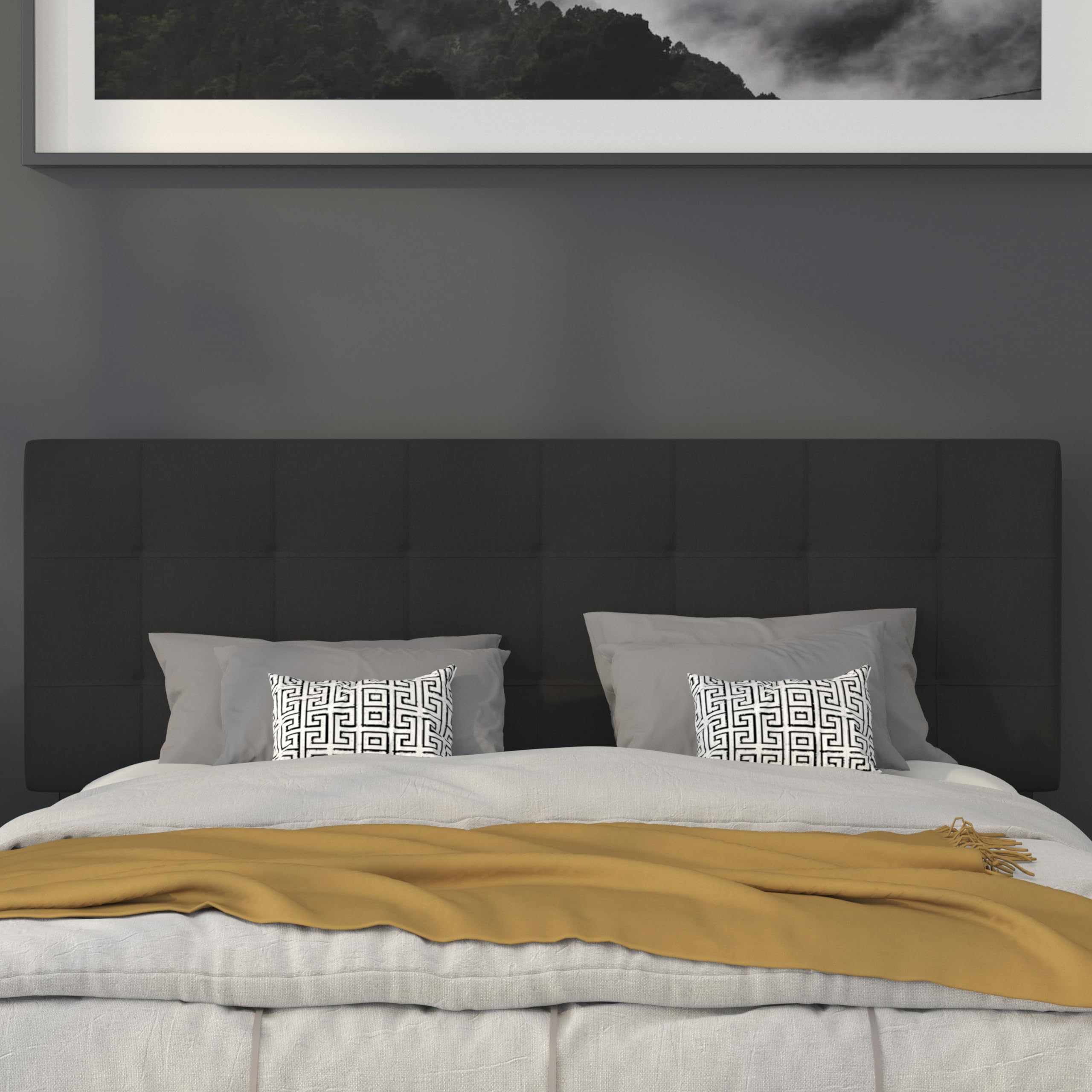Flash Furniture Bedford Tufted Upholstered Headboard For Queen Size Bed, Contemporary Fabric Tufted Headboard With Adjustable Height, Black