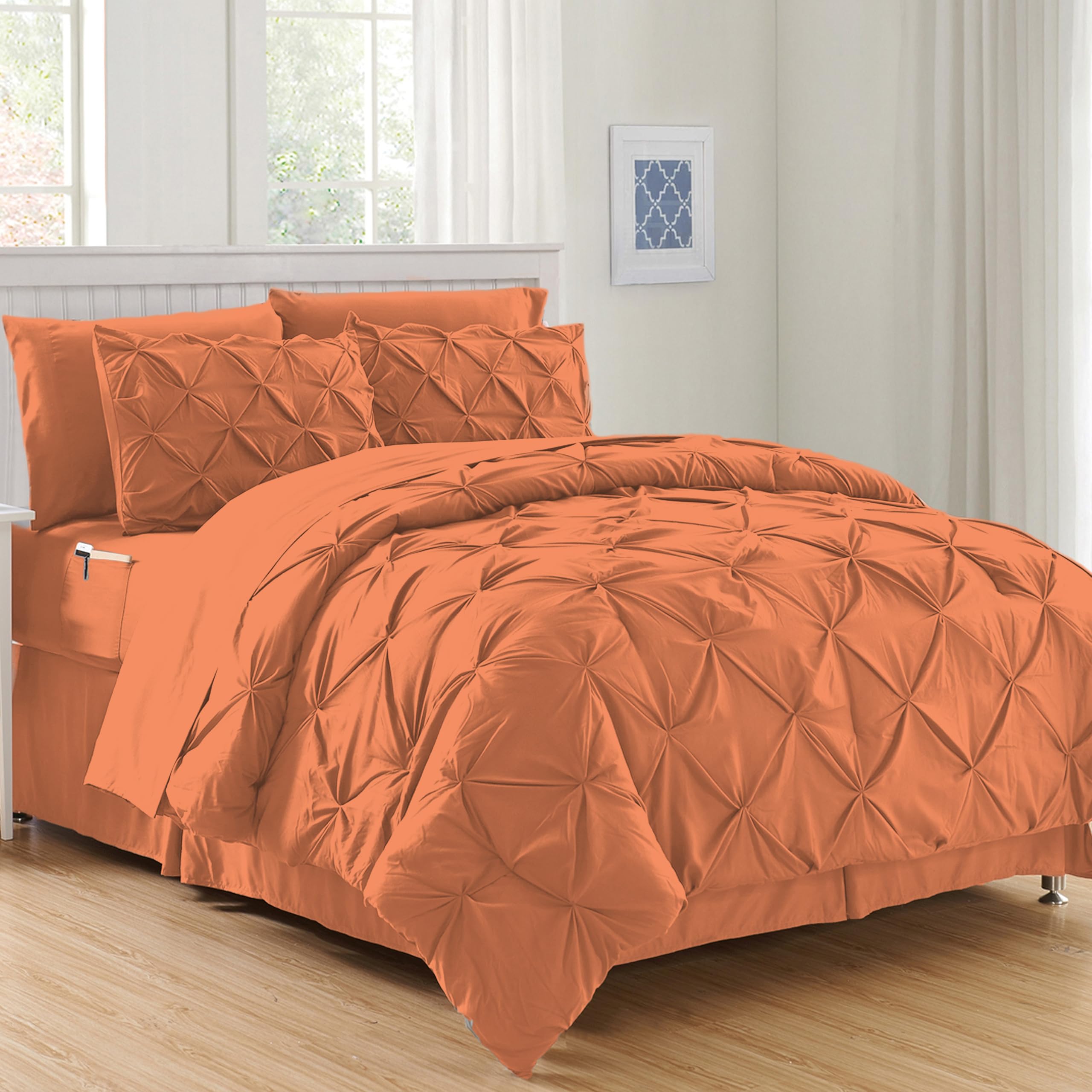 Elegant Comfort Luxury Softest, Coziest 8-Piece Bed-In-A-Bag Comforter Set - Silky Soft Complete Set Includes Bed Sheet Set With Double Sided Storage Pockets, Full/Queen, Coral