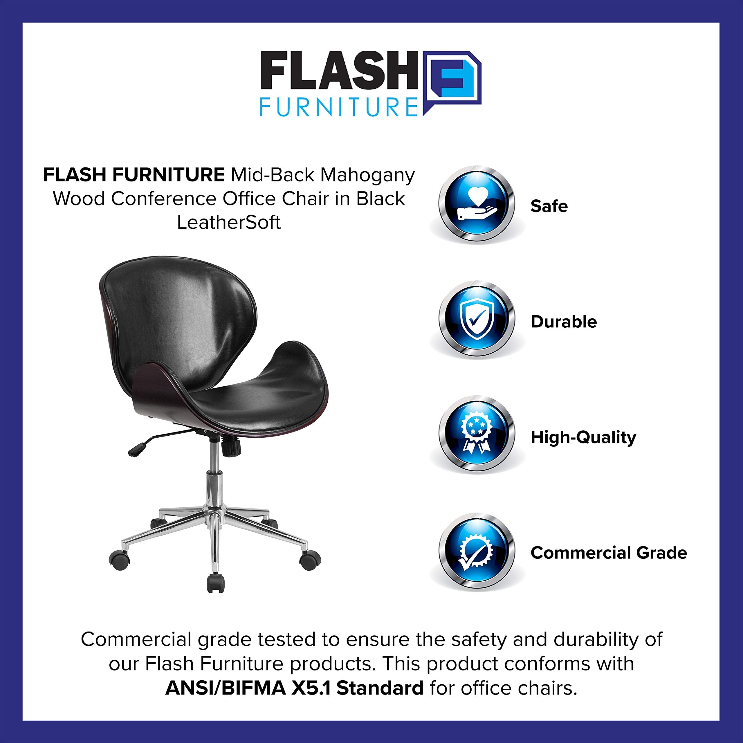 Flash Furniture Tana Mid-Back Mahogany Wood Conference Office Chair in Black LeatherSoft