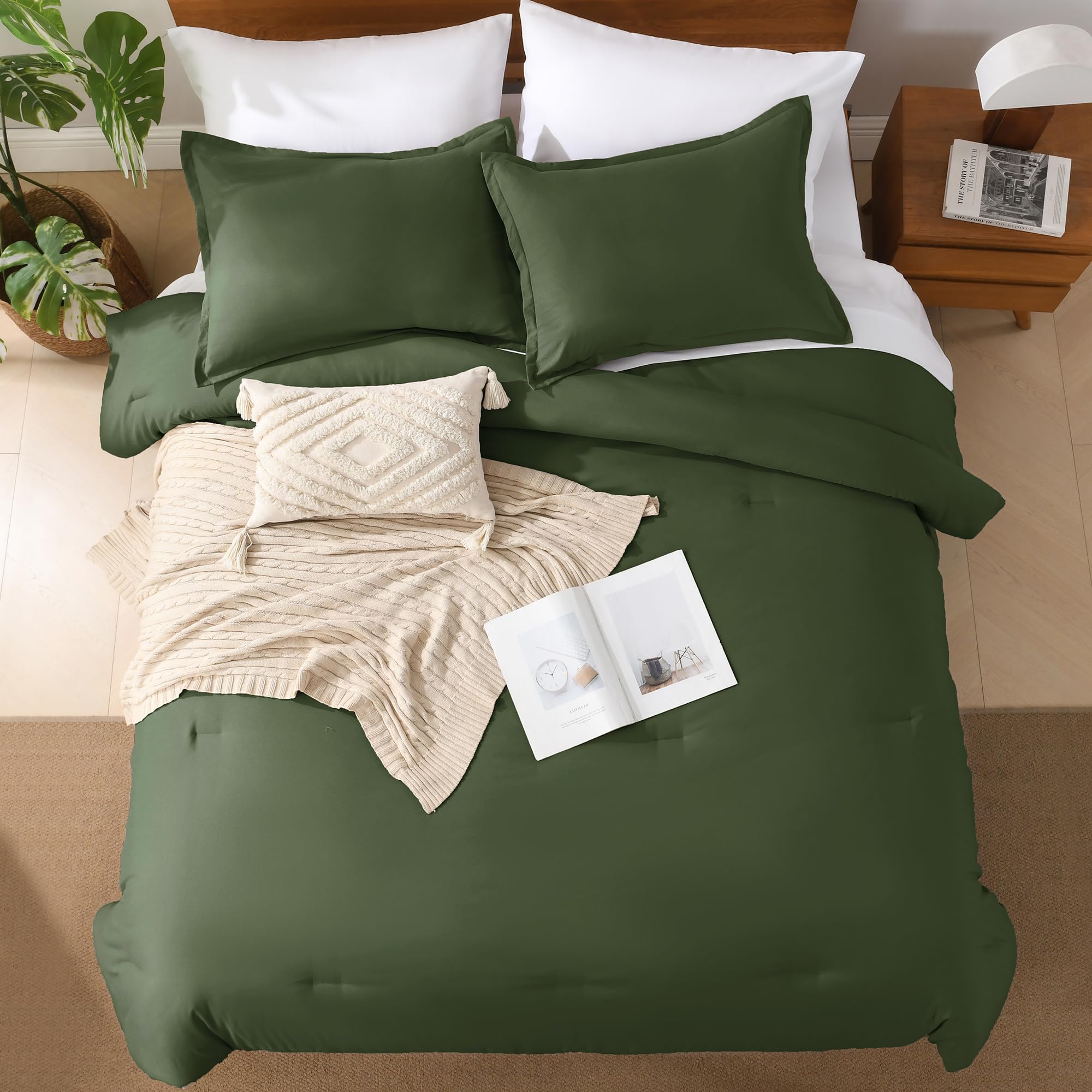 Andency Olive Green Comforter King Size - 7 Pieces Dark Green Bed In A Bag King Bedding Comforter Sets, Summer Plain Soft Lightweight Comforter With Fitted Sheets, Flat Sheets, Pillowcases & Shams