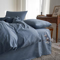 Wake In Cloud - Cotton Duvet Cover Set, King Size, Chambray Denim Blue, 100% Washed Cotton, Linen Like Textured, Breathable Perc