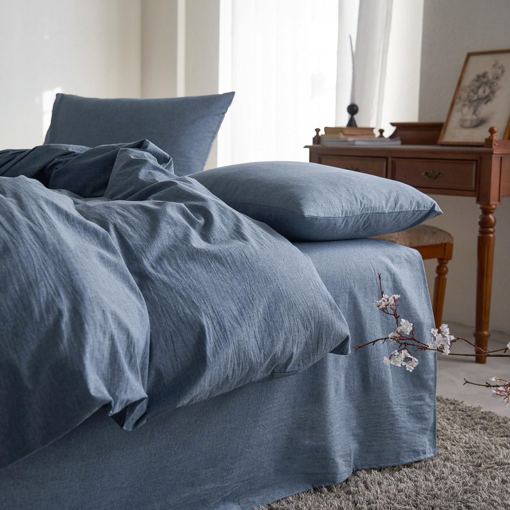 Wake In Cloud - Cotton Duvet Cover Set, King Size, Chambray Denim Blue, 100% Washed Cotton, Linen Like Textured, Breathable Perc