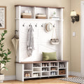 Merax Farmhouse Wood Hall Tree with 6 Hooks and Entryway Shoe Bench, 4-in-1 Coat Rack with 16 Open Compartments & Adjustable She