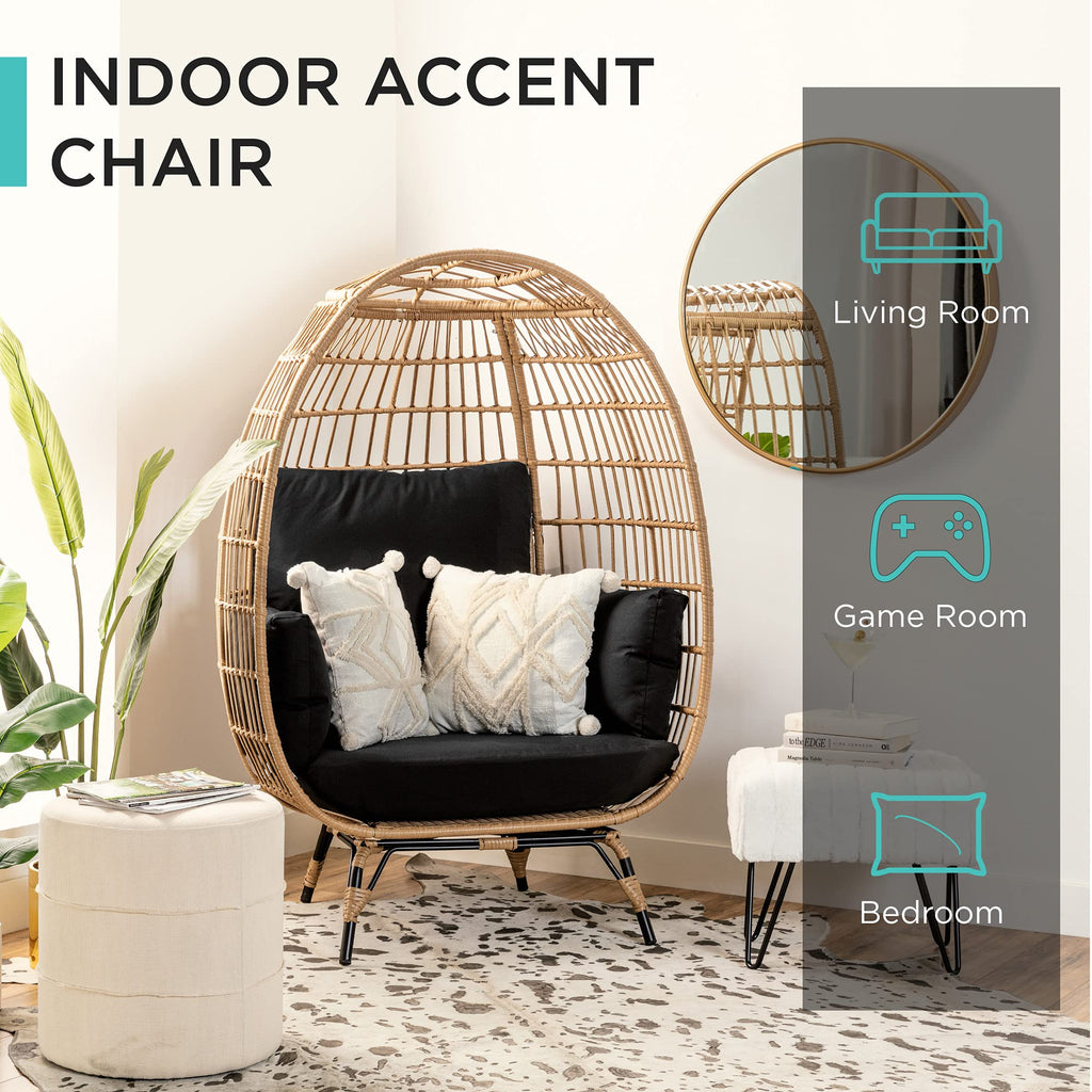 Best Choice Products Wicker Egg Chair, Oversized Indoor Outdoor Lounger For Patio, Backyard, Living Room W/ 4 Cushions, Steel Frame, 440Lb Capacity - Black