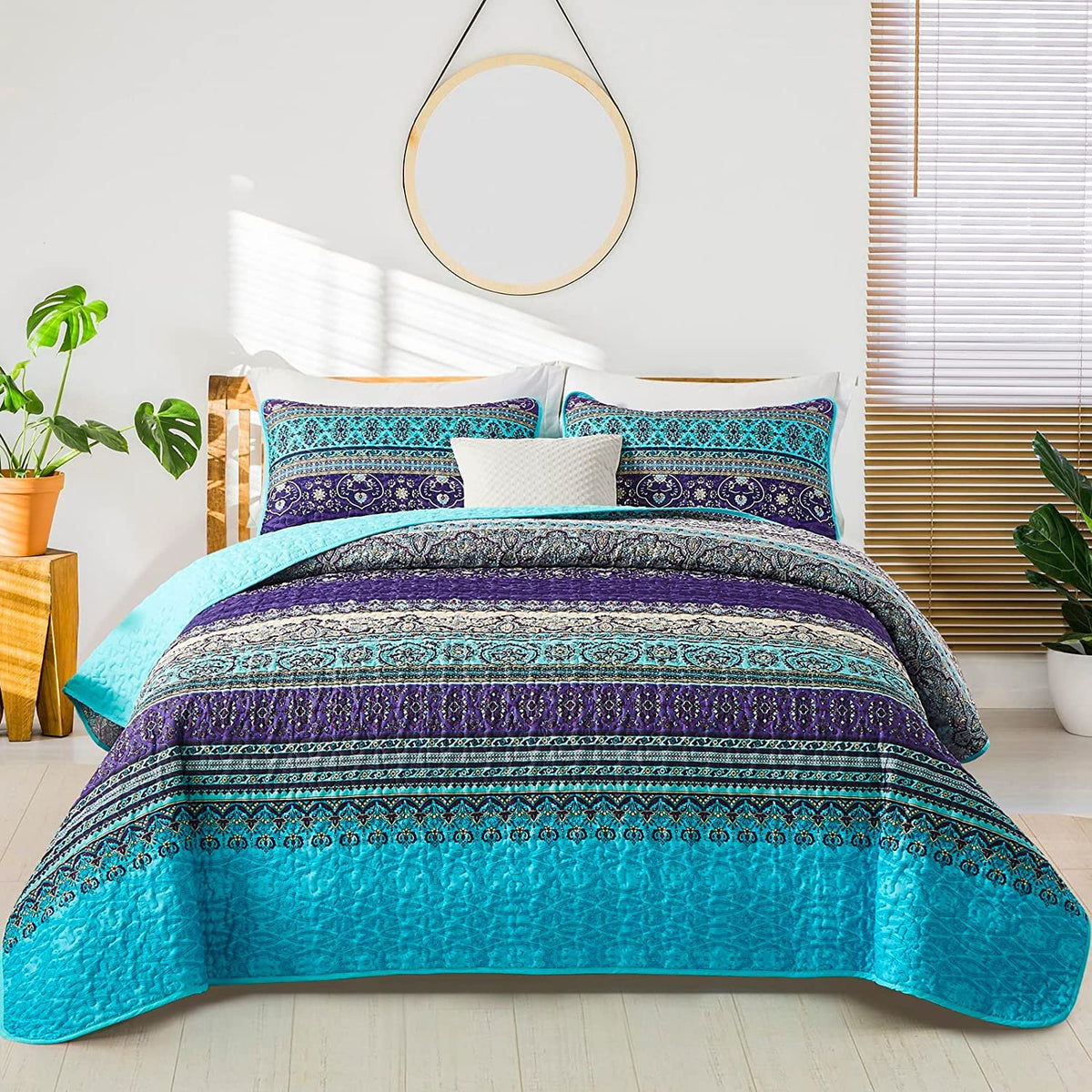 Wongs Bedding Boho Quilt Set California King, Blue Purple Bohemian Striped Pattern Printed Quilt Coverlet, Lightweight Microfibe