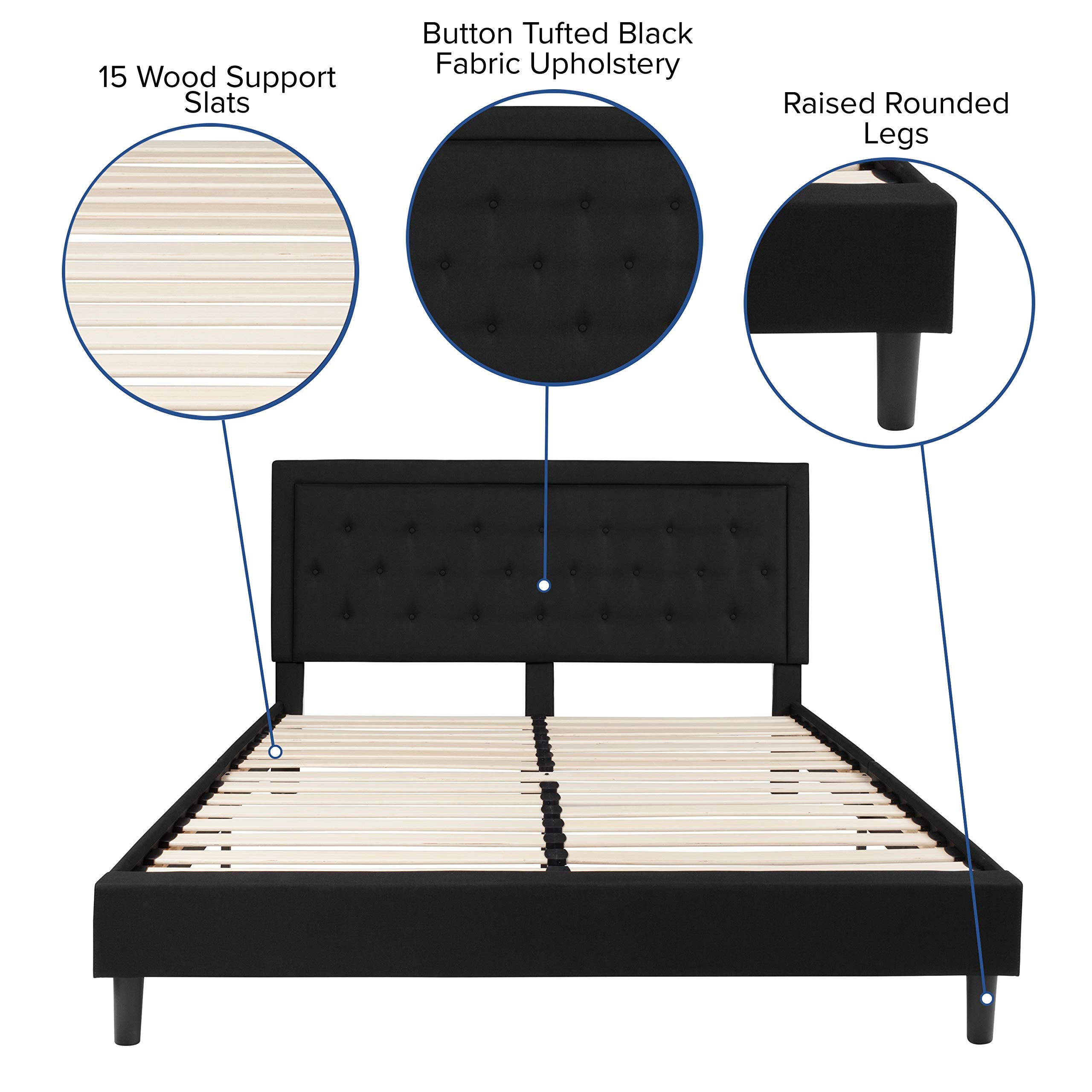 Flash Furniture Roxbury King Size Tufted Upholstered Platform Bed In Black Fabric With 10 Inch Certipur-Us Certified Pocket Spring Mattress