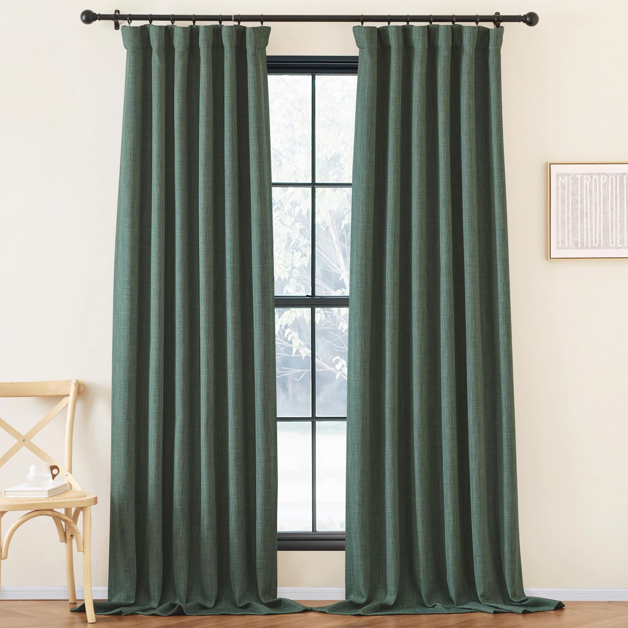 NICETOWN Room Darkening Faux Linen Greyish Green Curtains 108 inches Long, Pinch Pleated Light Blocking Noise Reducing Thermal I
