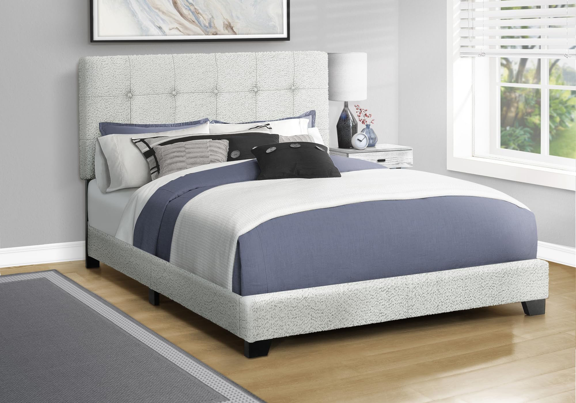Monarch Specialties I 5801Q Bed, Queen Size, Upholstered, Frame Only, Bedroom, Light Grey Boucle, Transitional