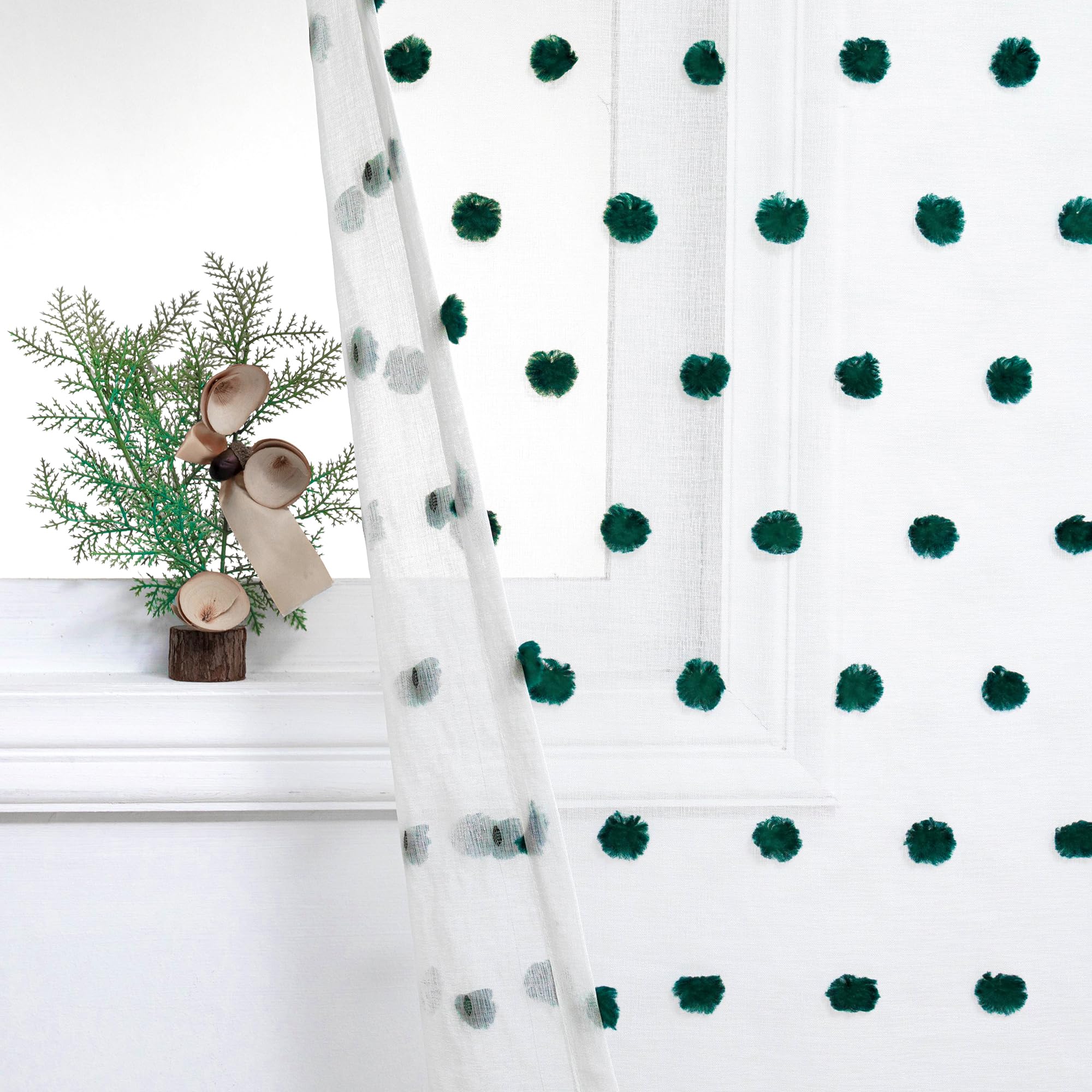 Mysky Home 84 Inch Long Christmas Curtains For Living Room Hunter Green Pom Pom Curtains For Bedroom White Sheer Nursery Curtain