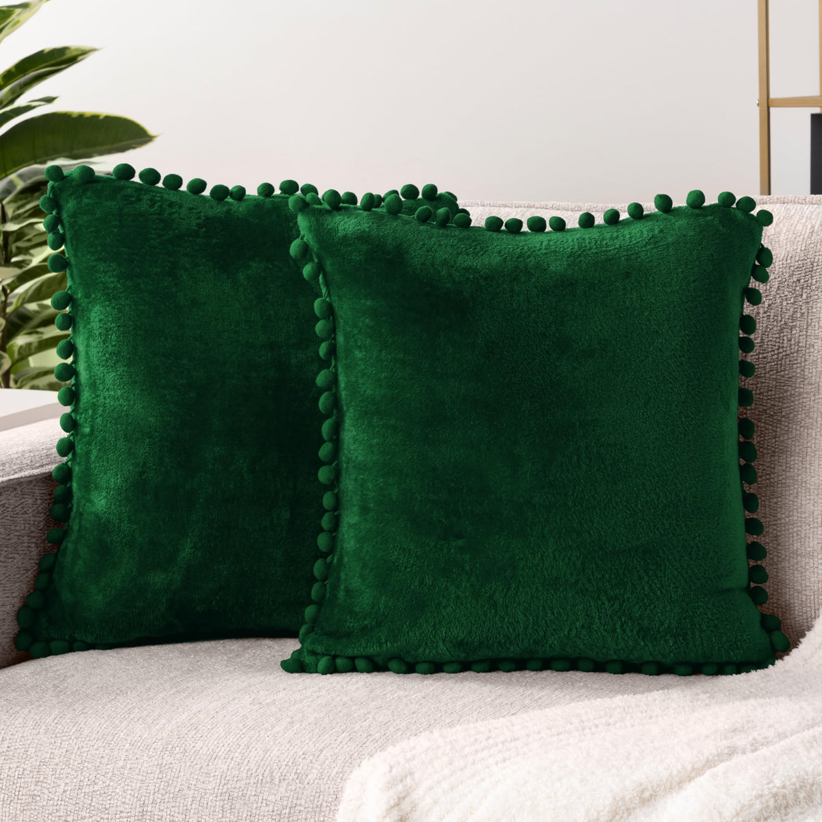 Pavilia Emerald Green Throw Pillow Covers With Pom Pom 20X20 Set Of 2, Decorative Pillow Cases For Bedroom Aesthetic, Small Thro