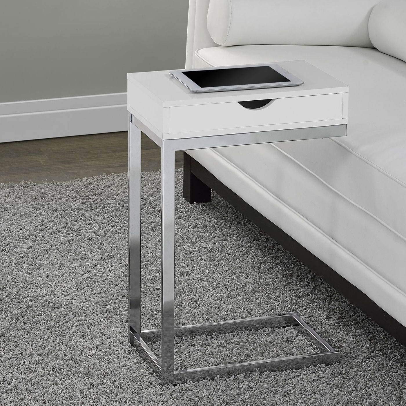 Monarch Specialties C Accent Table with Drawer-Chrome Metal Base, White