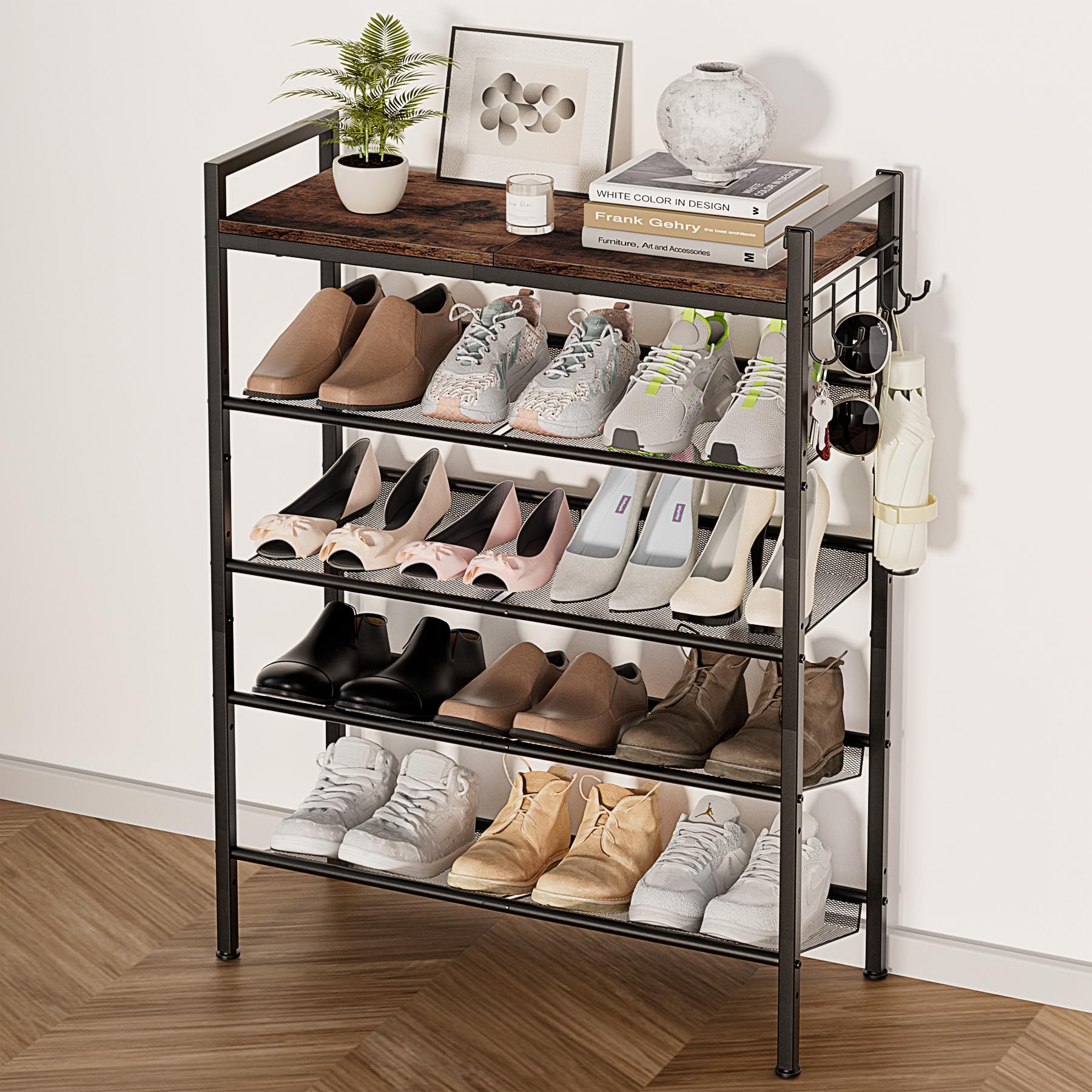 neatevday 5 Tier Shoe Rack, Shoe Rack for Front Door Entrance with Hook, Shoe Organizer with Adjustable Mesh Shelves, Metal Shoe