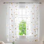 Cute Star Moon Sheer Curtains 84 Inch Length for Boys Girls Bedroom - Rod Pocket Light Filtering Starry Night Theme Gold Foil Pr