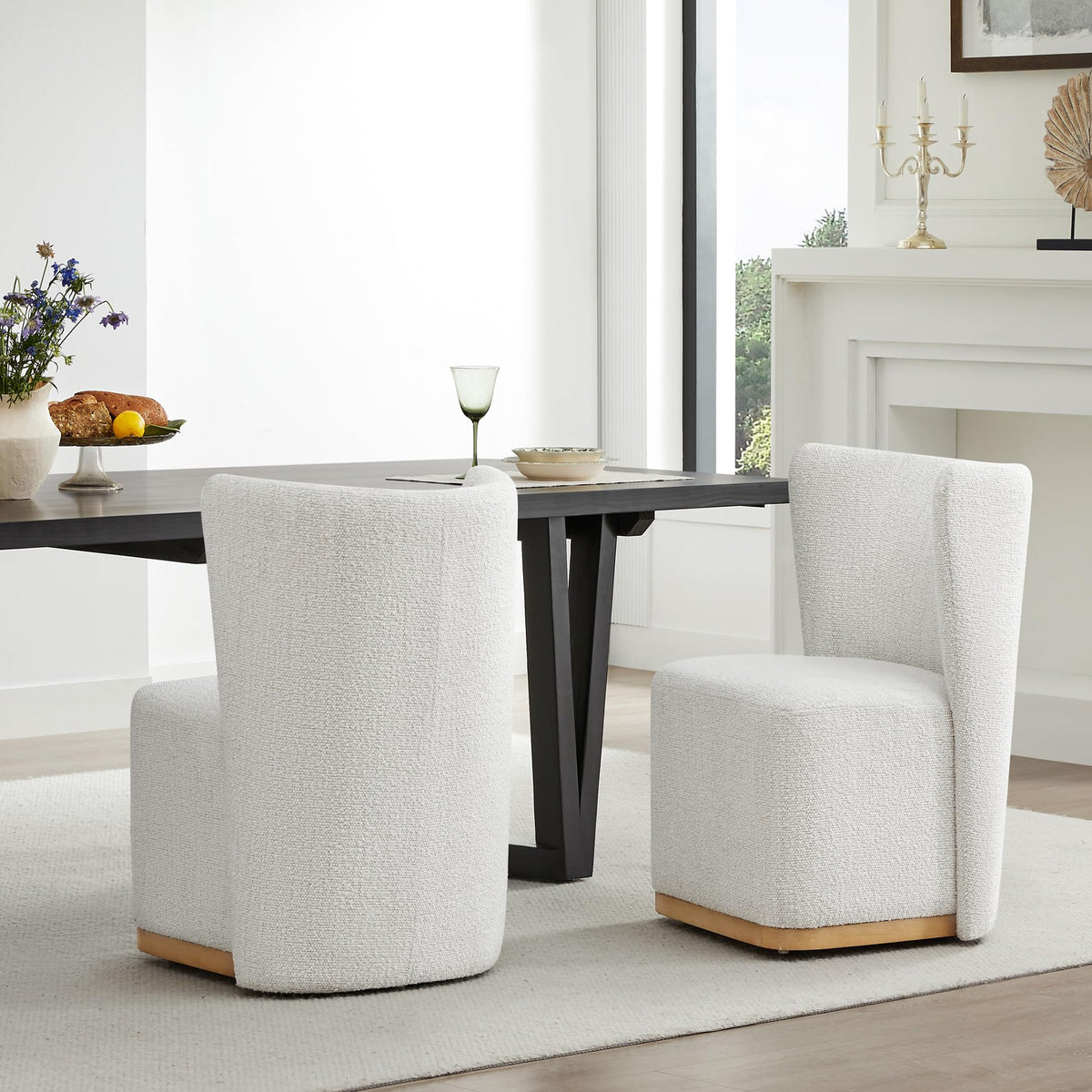Chita Upholstered Rolling Dining Chair On Casters Set Of 2, Fsc Certified Modern Fabric Dining Chair With Casters, Boucle Dining