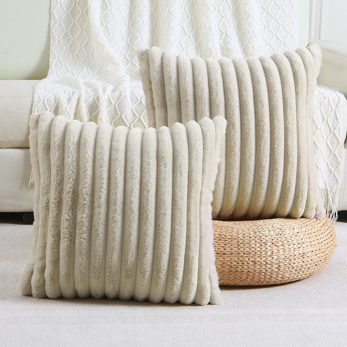 Futei Beige Striped Decorative Throw Pillow Covers 20X20 Inch Set Of 2,Square Winter Decorations Couch Pillow Case,Soft Cozy Fau