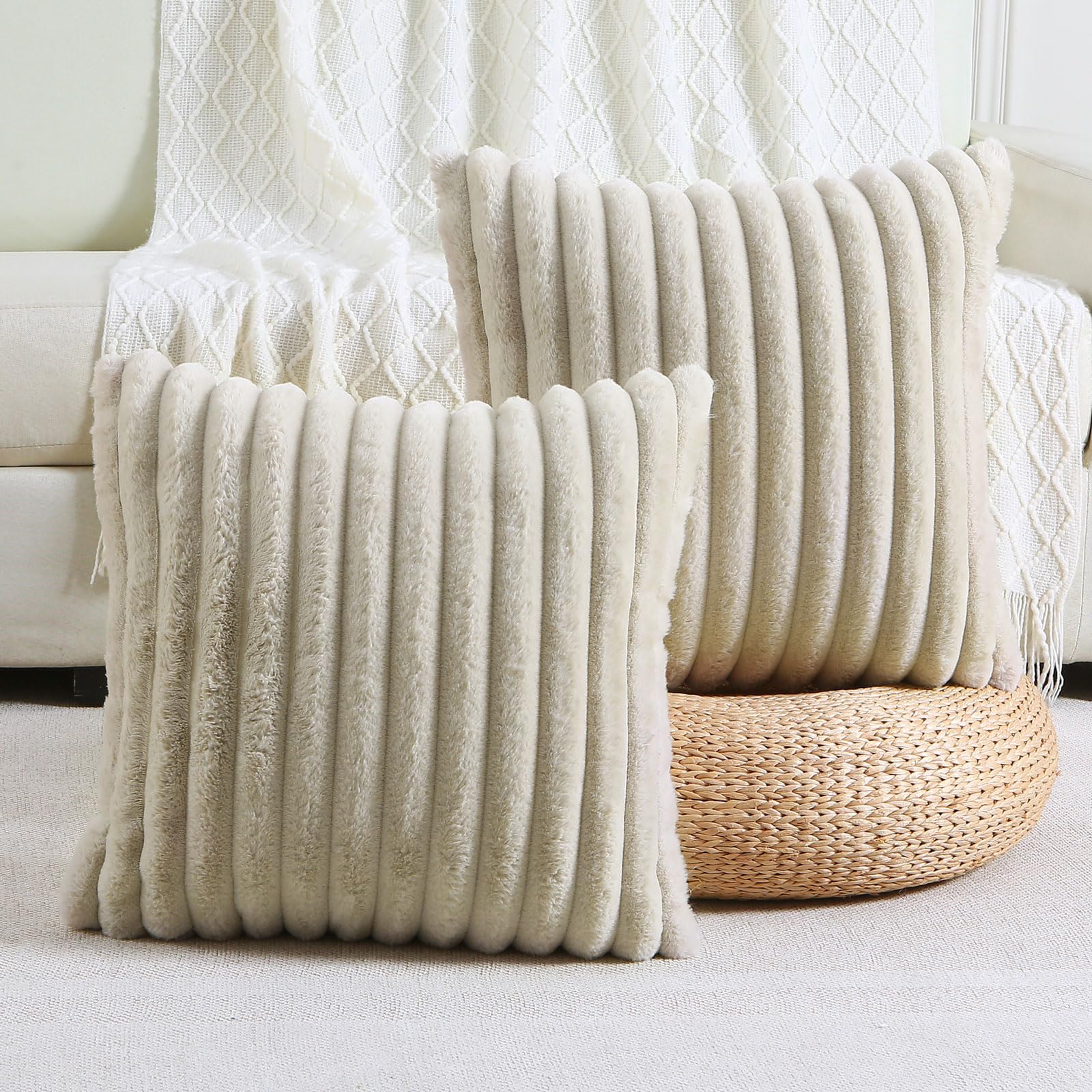 Futei Beige Striped Decorative Throw Pillow Covers 20X20 Inch Set Of 2,Square Winter Decorations Couch Pillow Case,Soft Cozy Fau