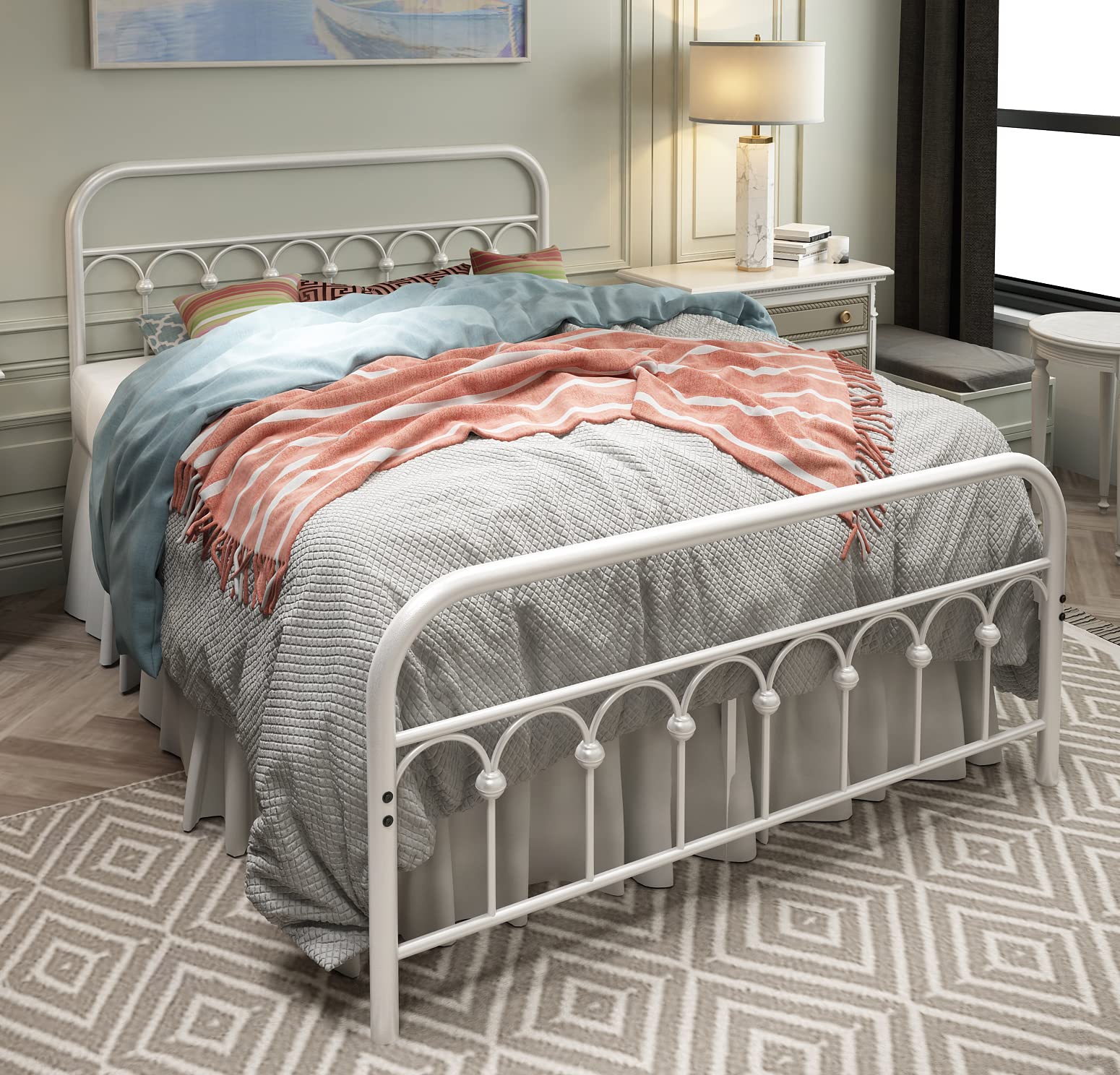 Tuseer Metal Bed Frame Full Size With Vintage Headboard And Footboard Platform Base Wrought Iron Bed Frame (Full, White)