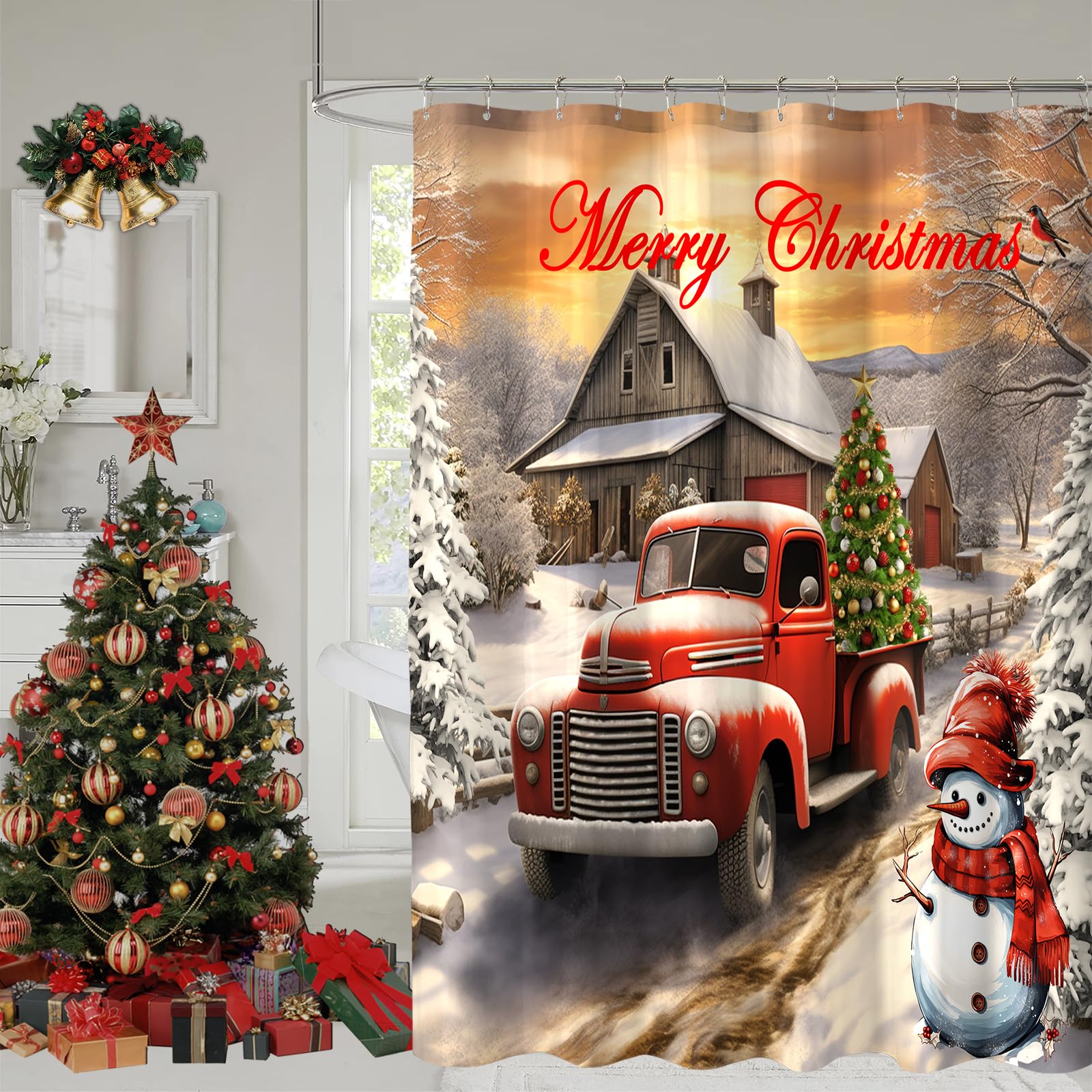 Yostev Red Truck Christmas Shower Curtains For Bathroom Decoration Christmas Tree Shower Curtain Winter Vintage Rustic Farmhouse