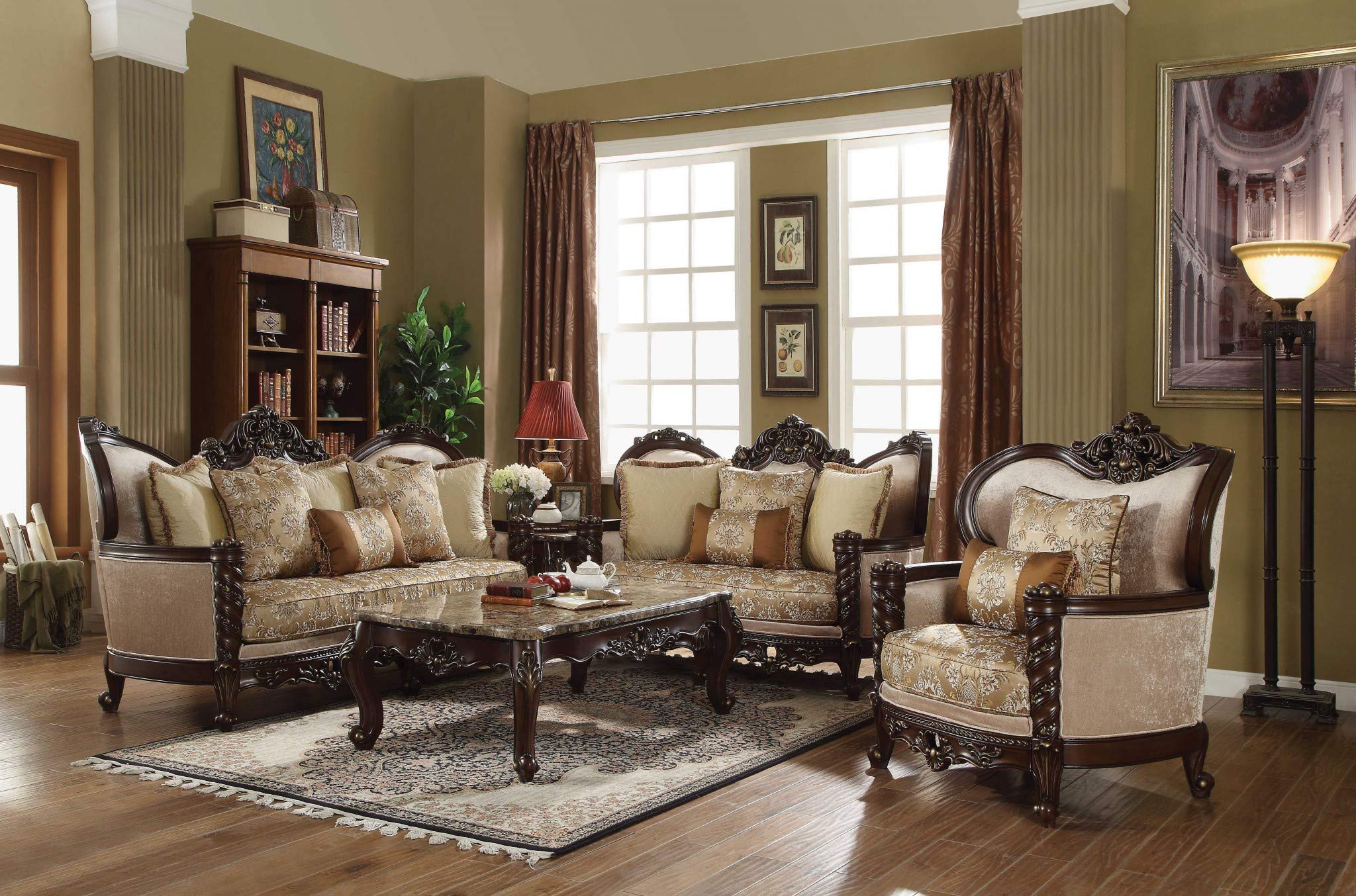 HomeRoots Upholstery, Wood Leg/Trim 38' X 68' X 48' Fabric Dark Walnut Upholstery Wood Leg/Trim Loveseat w/4 Pillows