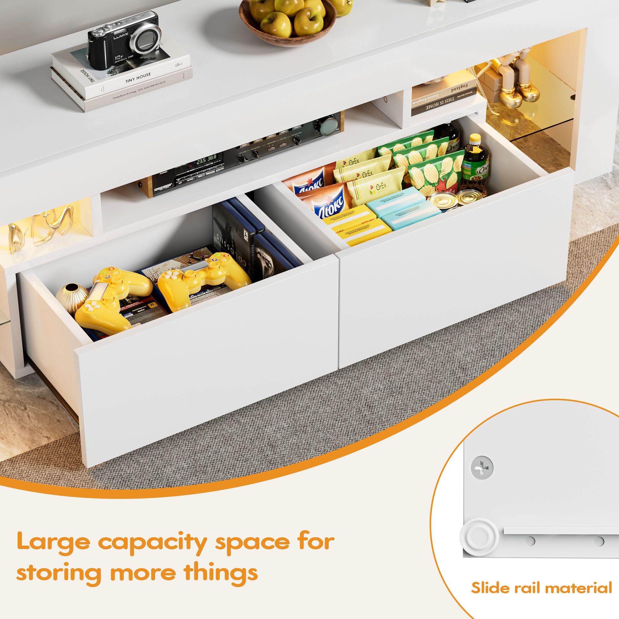 Yeshomy Modern Led Tv Stand For Televisions Up To 70 Inch With Glass Shelves And Drawer, Gaming Entertainment Center With Multiple Dynamic Rgb Modes, For Livingroom, Bedroom, 60 Inch, White