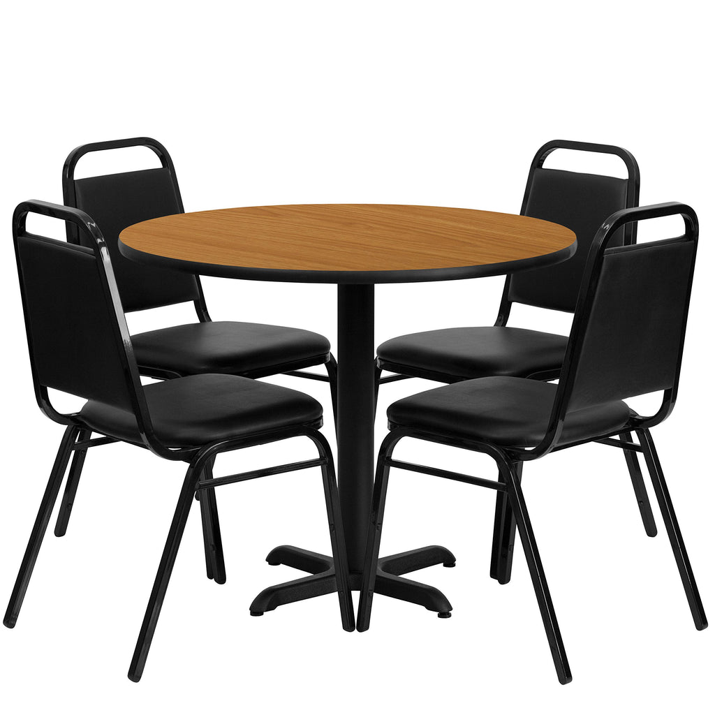Flash Furniture Carlton 36'' Round Natural Laminate Table Set with X-Base and 4 Black Trapezoidal Back Banquet Chairs