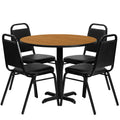 Flash Furniture Carlton 36'' Round Natural Laminate Table Set with X-Base and 4 Black Trapezoidal Back Banquet Chairs
