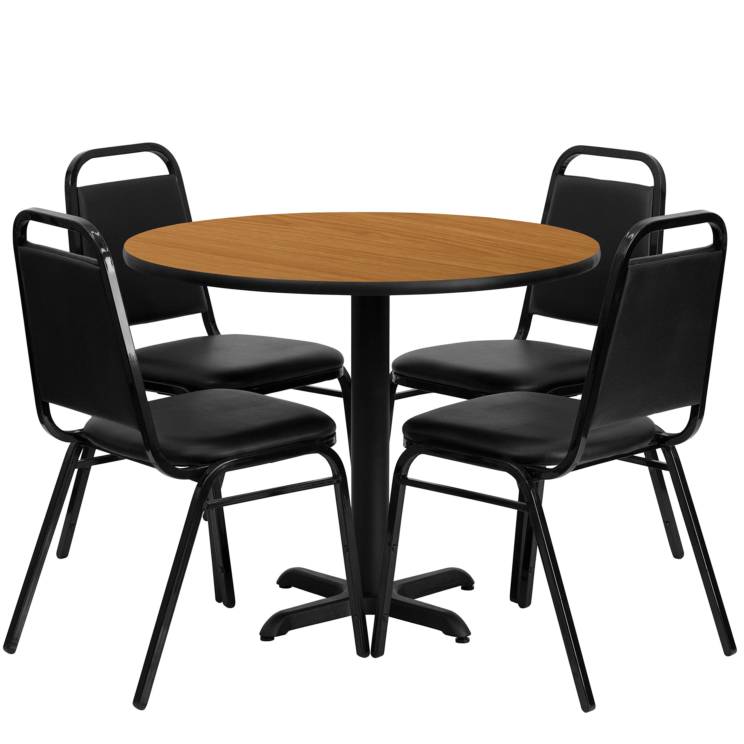 Flash Furniture Carlton 36'' Round Natural Laminate Table Set with X-Base and 4 Black Trapezoidal Back Banquet Chairs