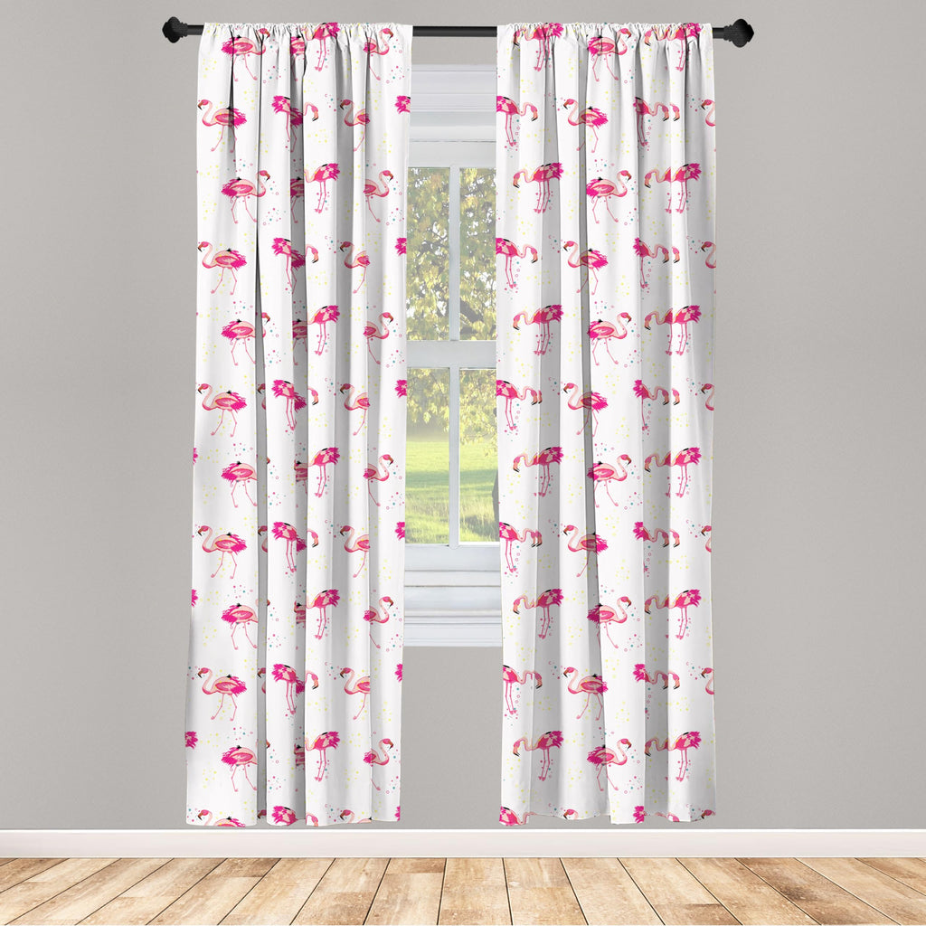 Ambesonne Flamingo Window Curtains Pack Of 2, Repetitive Pattern Of Hand Painted Tropic Birds And Spots, Lightweight Set With Ro