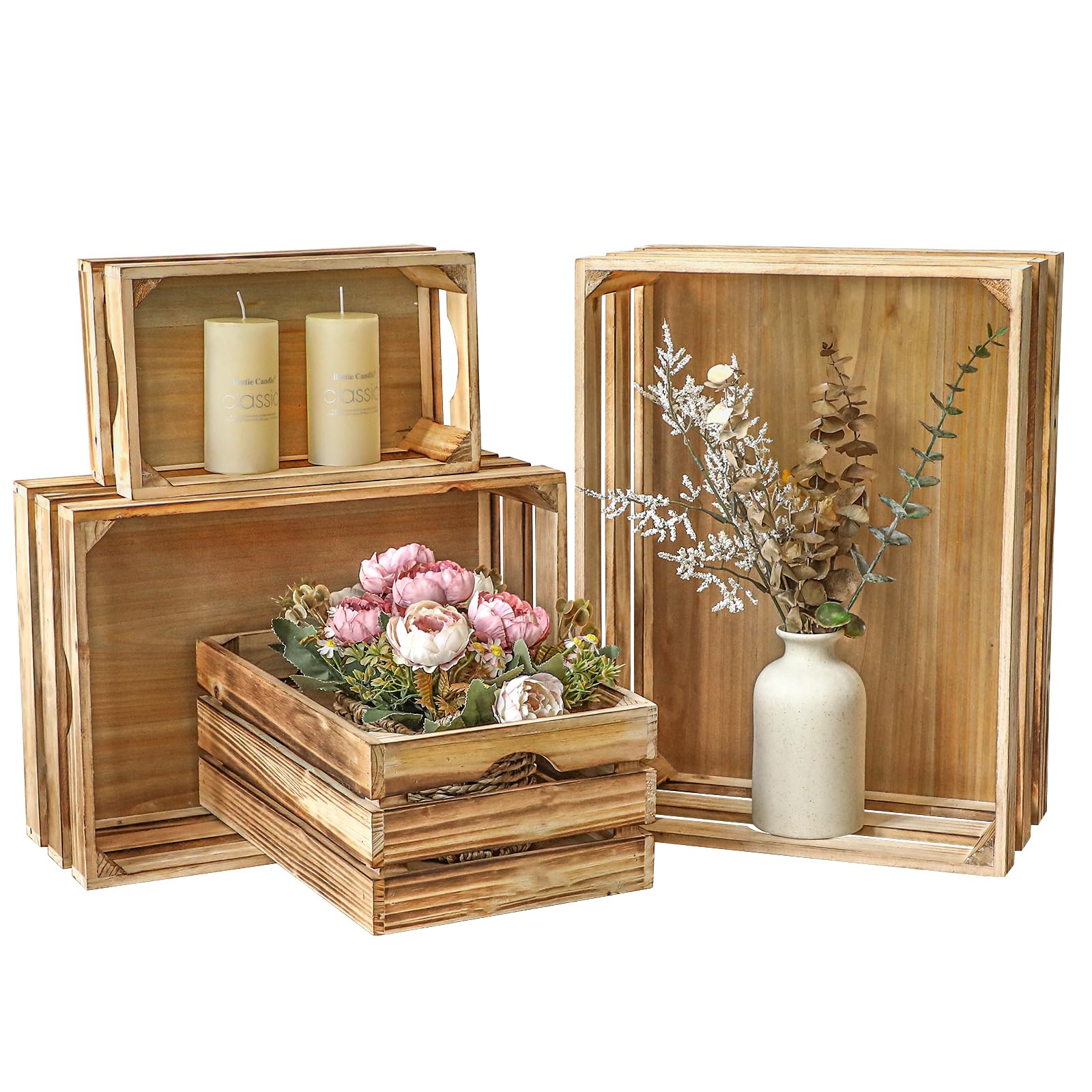 JUMBO HUMBLE Large Torched Wood Storage Crates Decorative, Set of 4 Nesting Wooden Crates for Display Rustic, Farmhouse Wooden S