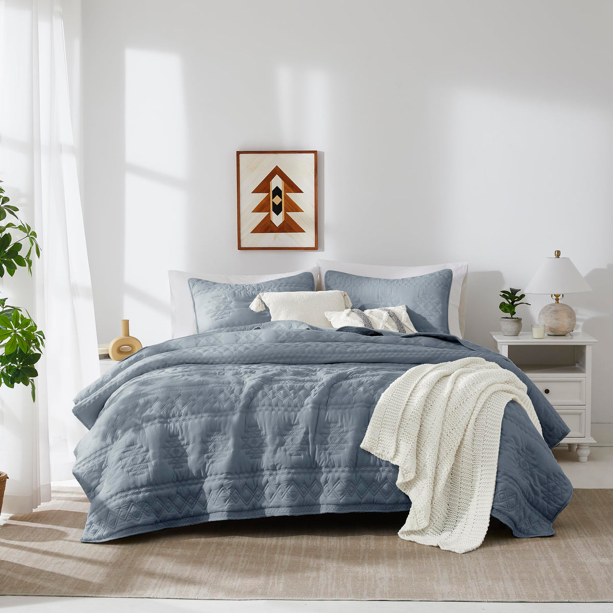 Wdcozy Boho Blue Grey Oversized California Cal King Size Quilt Bedding Sets With 2 Pillow Shams, Farmhouse Lightweight Soft Beds