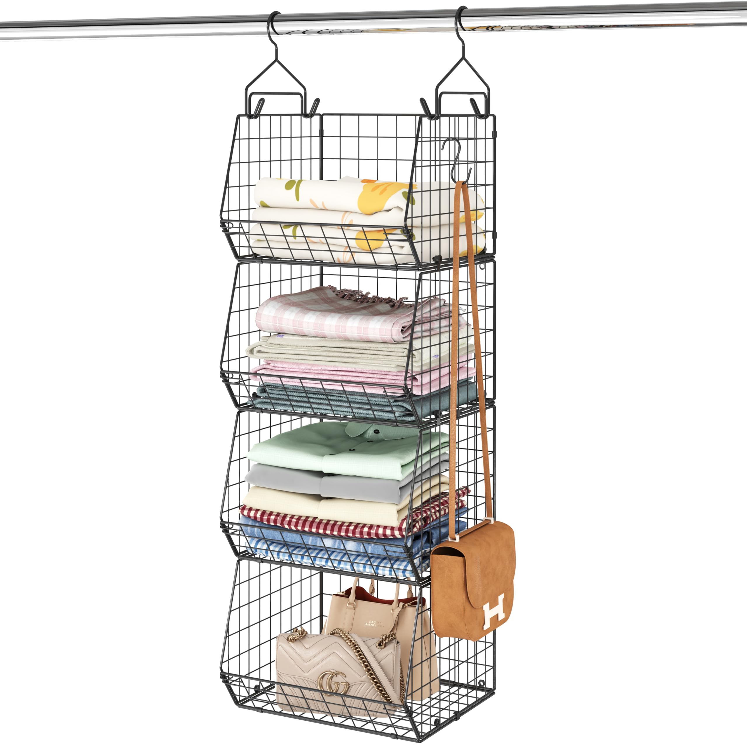 X-cosrack 4 Tier Closet Hanging Organizer, Clothes Hanging Shelves with 5 S Hooks, Wire Storage Basket Bins, for Clothing Sweate