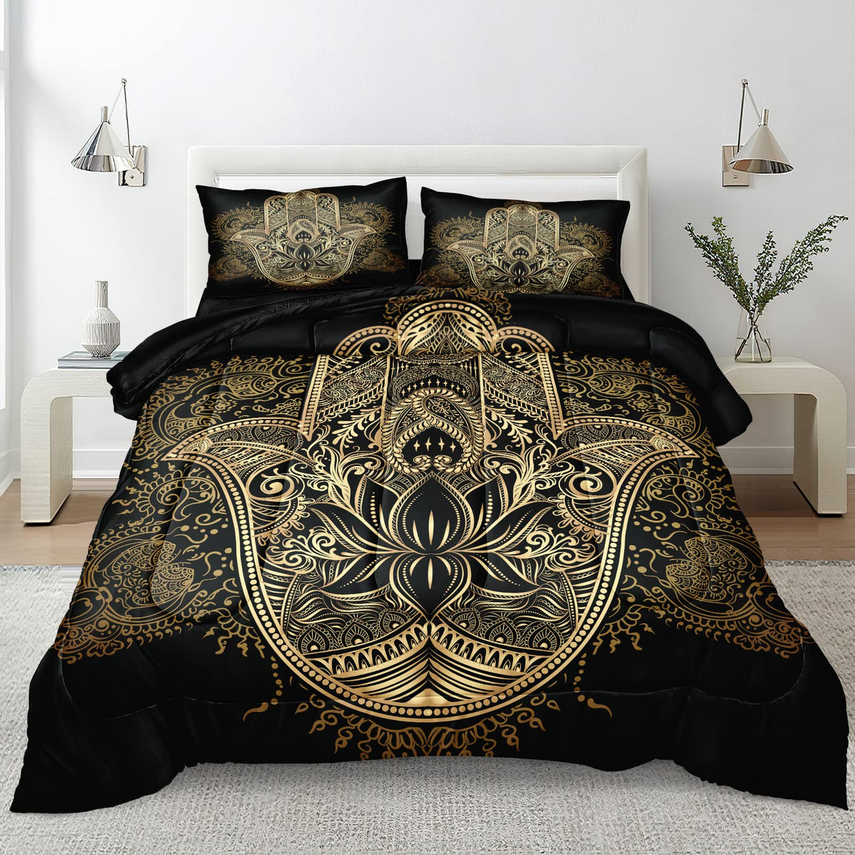 Boho Comforter Set Black And Gold Comforter Hamsa Hand Of Fatima Bohemian Floral Printed Hippie Bedding Sets King 1 Comforter 2