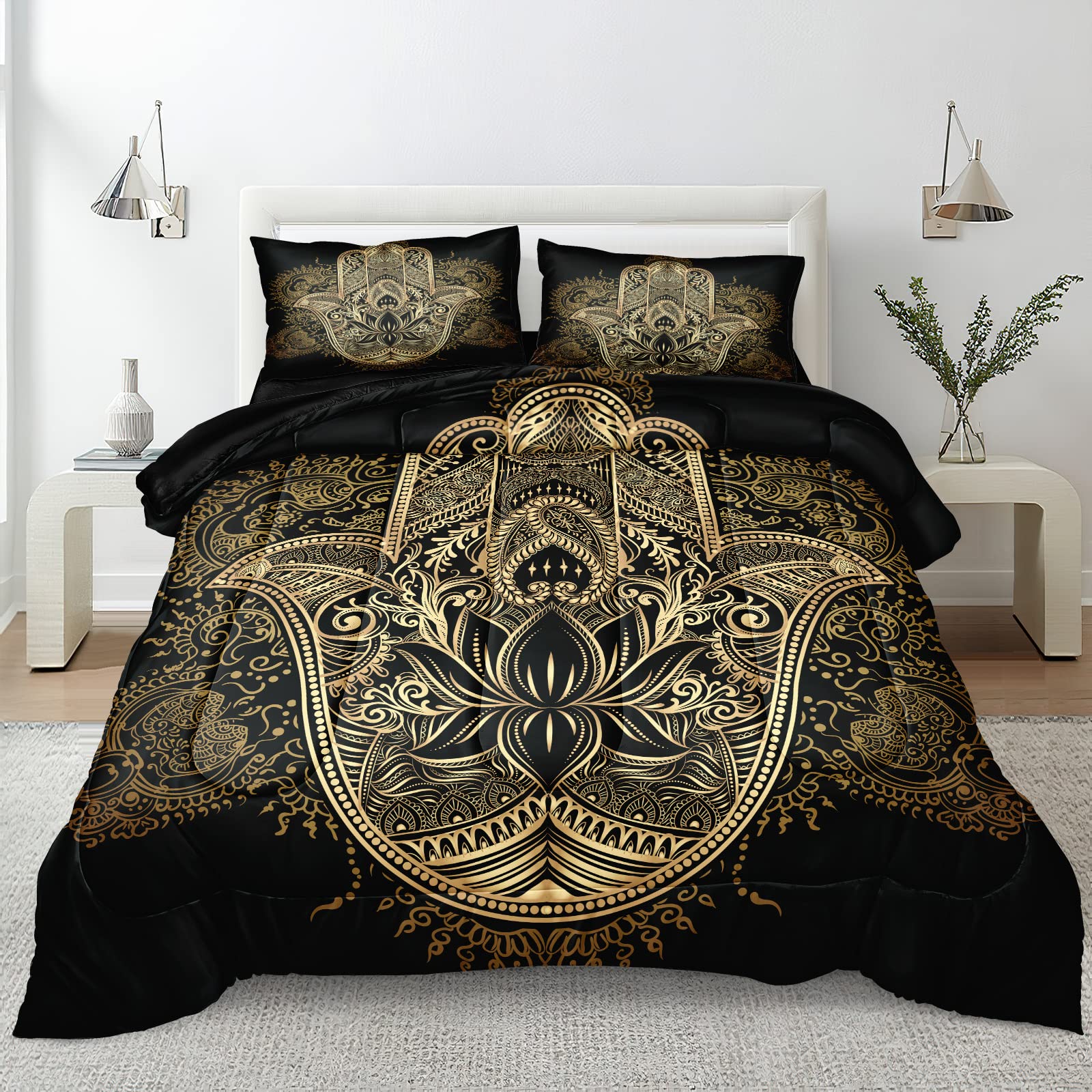 Boho Comforter Set Black And Gold Comforter Hamsa Hand Of Fatima Bohemian Floral Printed Hippie Bedding Sets King 1 Comforter 2