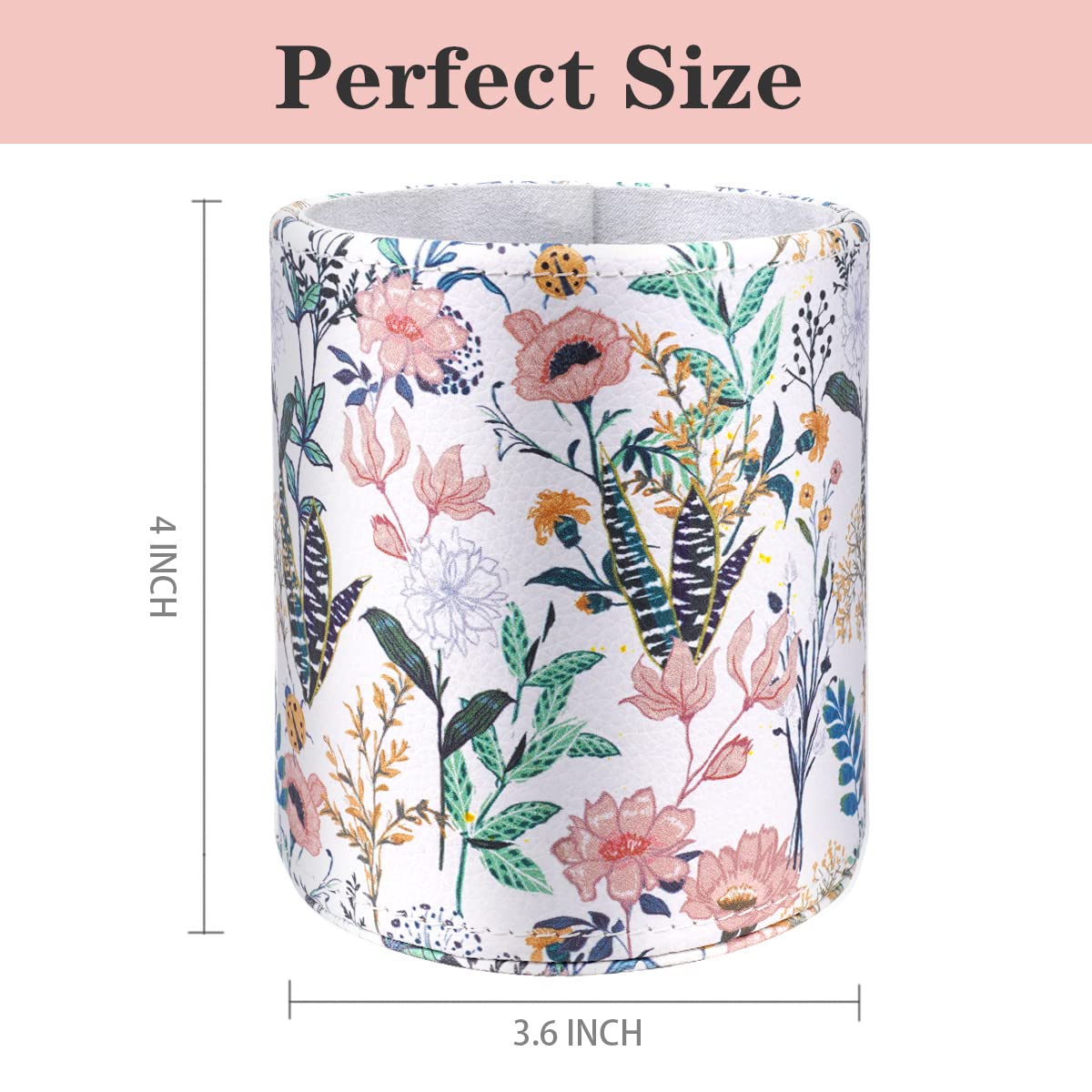 Waveyu Pen Holder For Women Girls, Aesthetic Desk Office Accessories, Cute Floral Makeup Brush Holder, Leather Multi-Functional