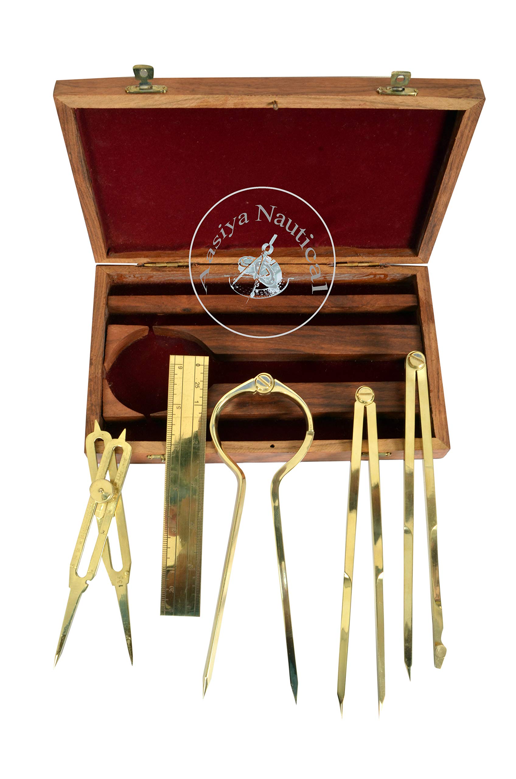 Solid Brass Proportional Divider Set Of 5, Full Brass Dividers With Executive Wooden Box, Single Handed 8' Brass Navigational D