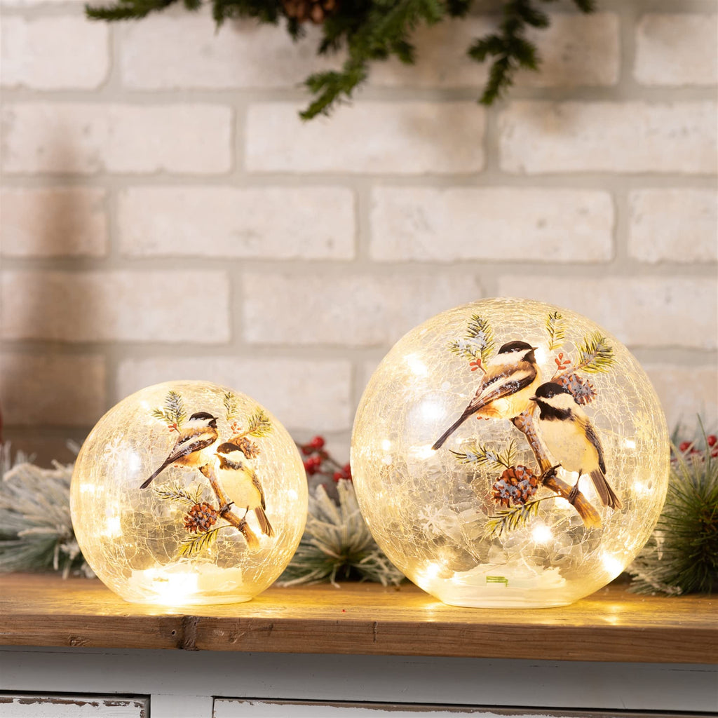 Melrose Glass Led Snow Globe With Chickadees, Set Of 2, Christmas, 5.5' D, 7.5' D, 6 Hour Timer, Batteries Not Included