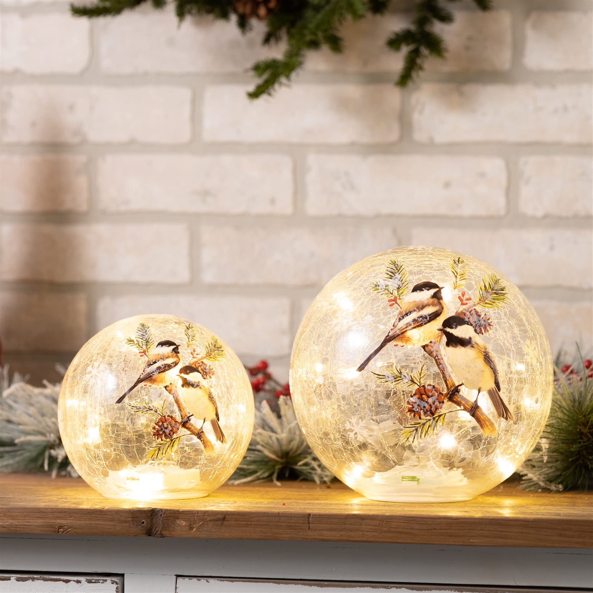 Melrose Glass Led Snow Globe With Chickadees, Set Of 2, Christmas, 5.5' D, 7.5' D, 6 Hour Timer, Batteries Not Included