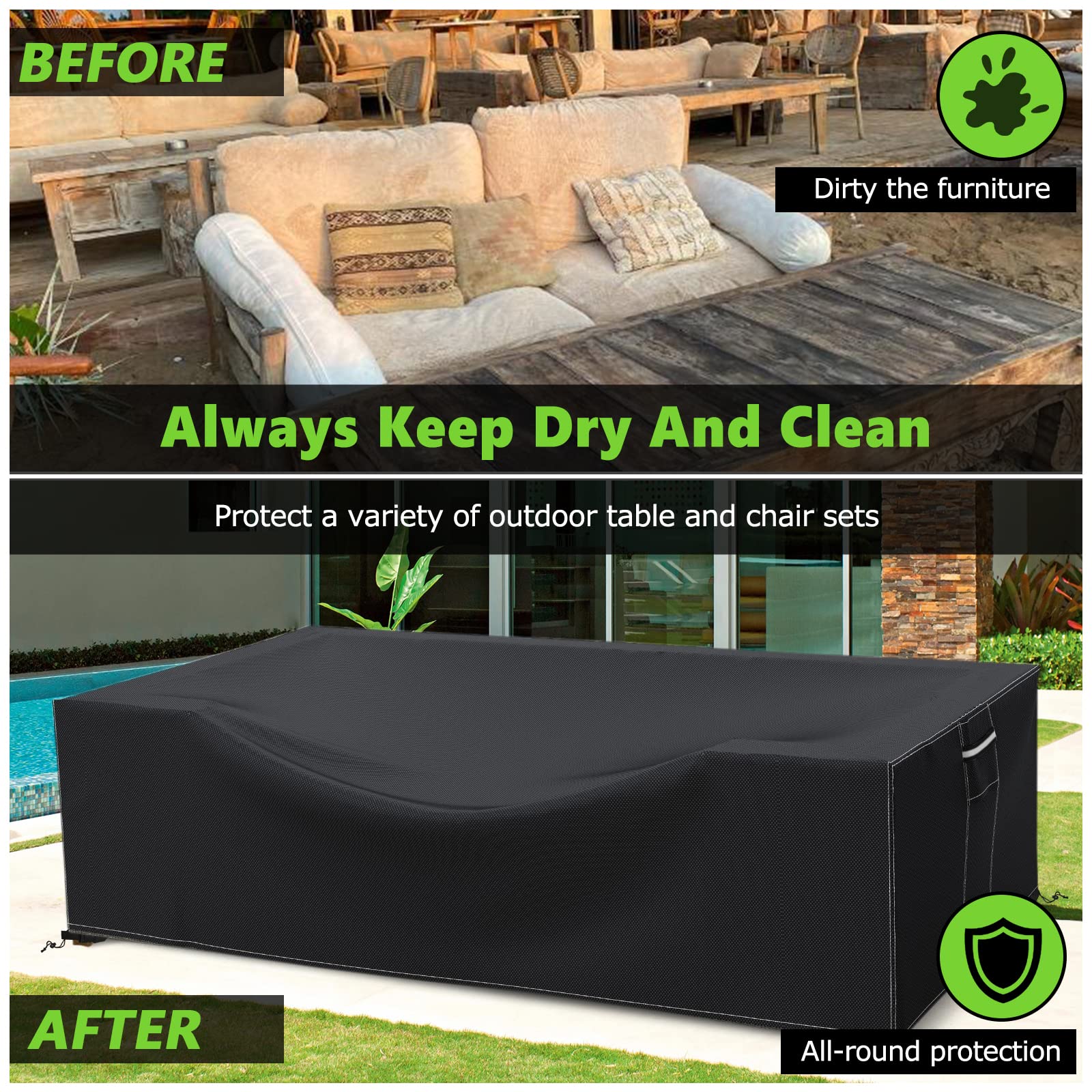 Patio Furniture Covers Waterproof, 600D Outdoor Furniture Covers Waterproof, Rectangular Outdoor Sectional Sofa Set Covers, Extra Large Patio Covers For Outdoor Furniture, 126'X63'X28'-Black