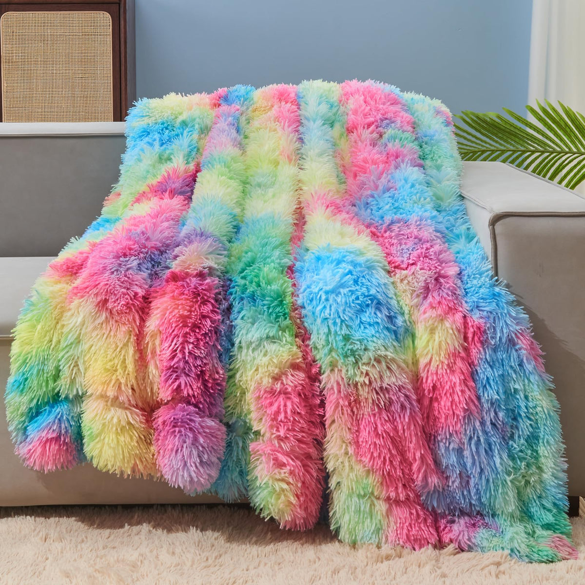 Gonaap Fuzzy Faux Fur Throw Blanket Dark Rainbow Super Soft Cozy Plush Fuzzy Shaggy Blanket For Couch Sofa Bed (Dark Rainbow, Th