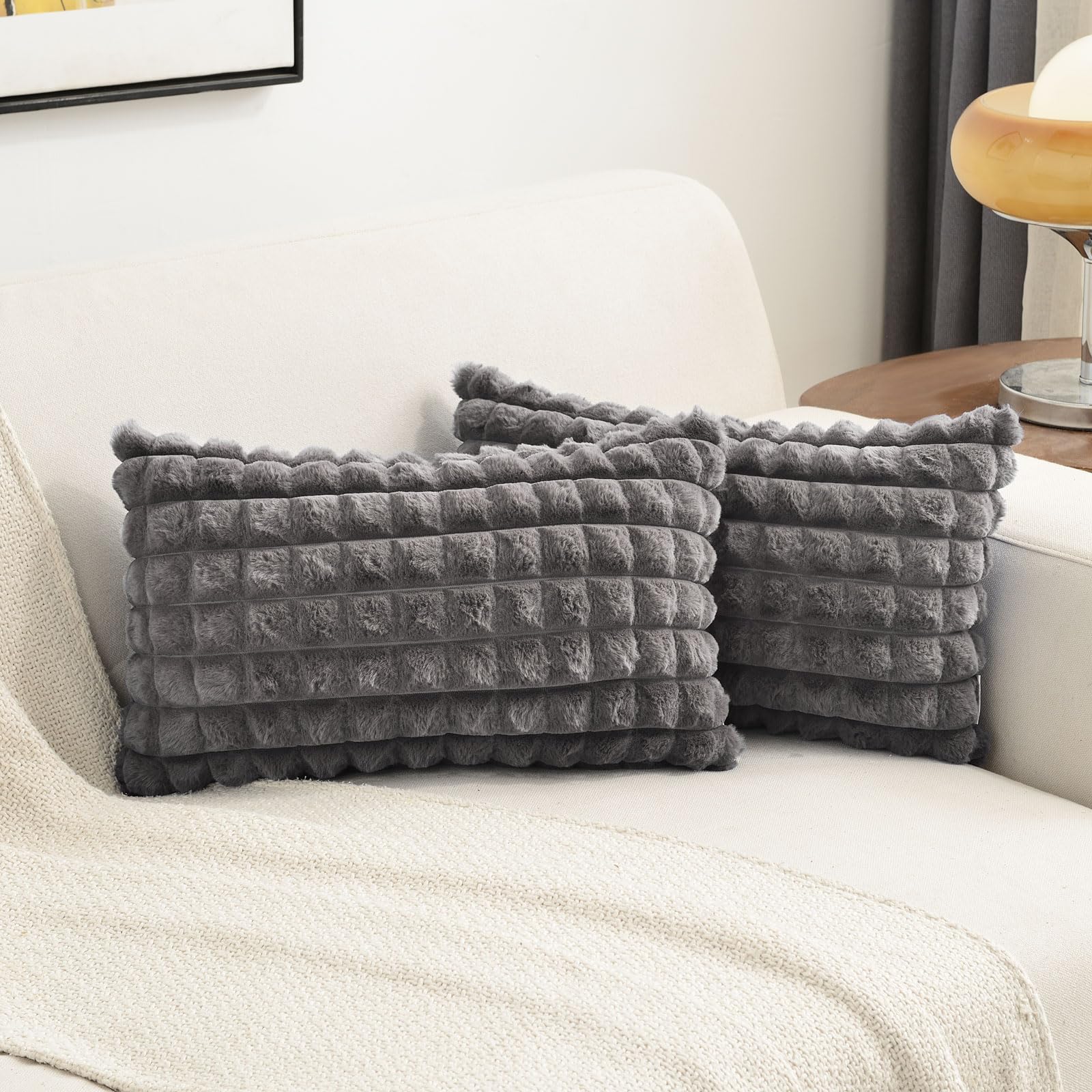 Futei Grey Decorative Throw Pillow Covers 14X14 Inch Set Of 2,Square Gray Checked Cushion Case,Fluffy Faux Rabbit Fur Plaid & So