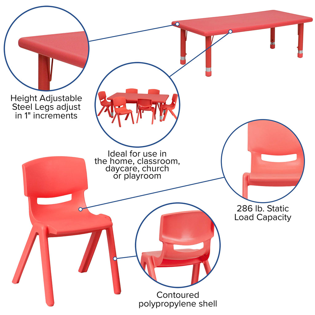 Flash Furniture Emmy 24''W x 48''L Rectangular Red Plastic Height Adjustable Activity Table Set with 4 Chairs