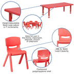 Flash Furniture Emmy 24''W x 48''L Rectangular Red Plastic Height Adjustable Activity Table Set with 4 Chairs