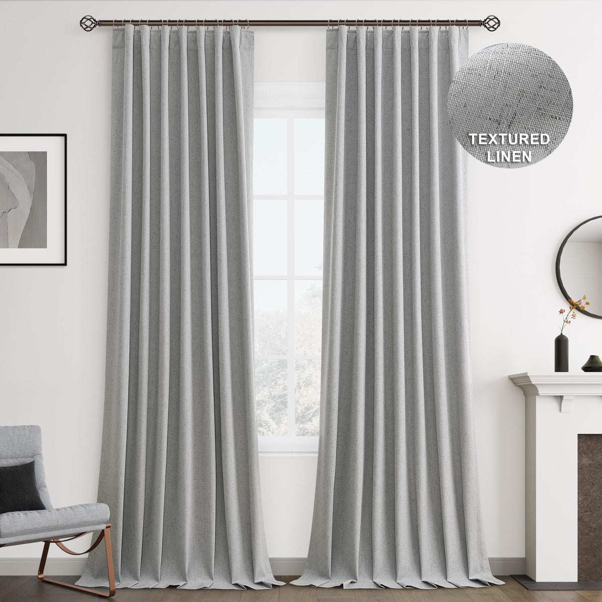 Joywell Silver Grey Linen 100% Blackout Curtains 108 Inch Long, Rod Pocket/Back Tab/Hook Belt/Clip Rings,Thermal Insulated Drapes For Bedroom Living Room With Hooks,2 Panels,52 X 108